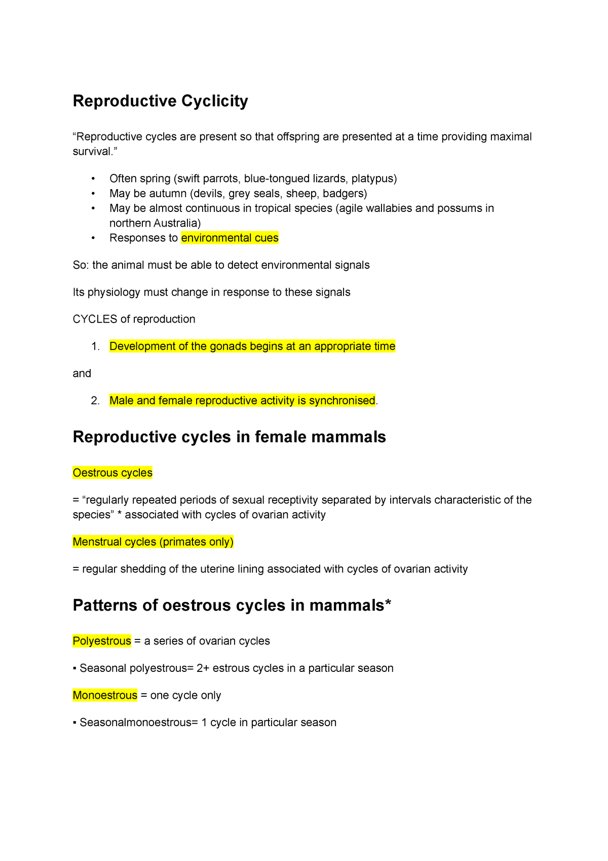 Reproduction cycles - Lecture notes 1 - Reproductive Cyclicity  “Reproductive cycles are present so - Studocu