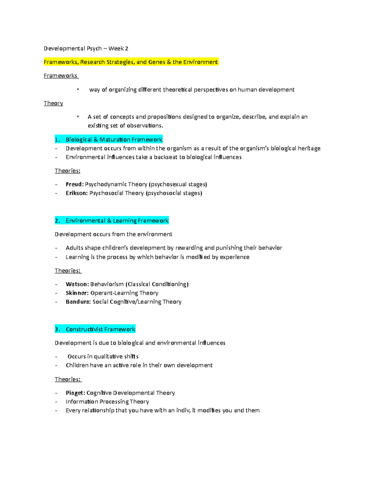 Developmental Psych Week 2 - Developmental Psych – Week 2 Frameworks ...