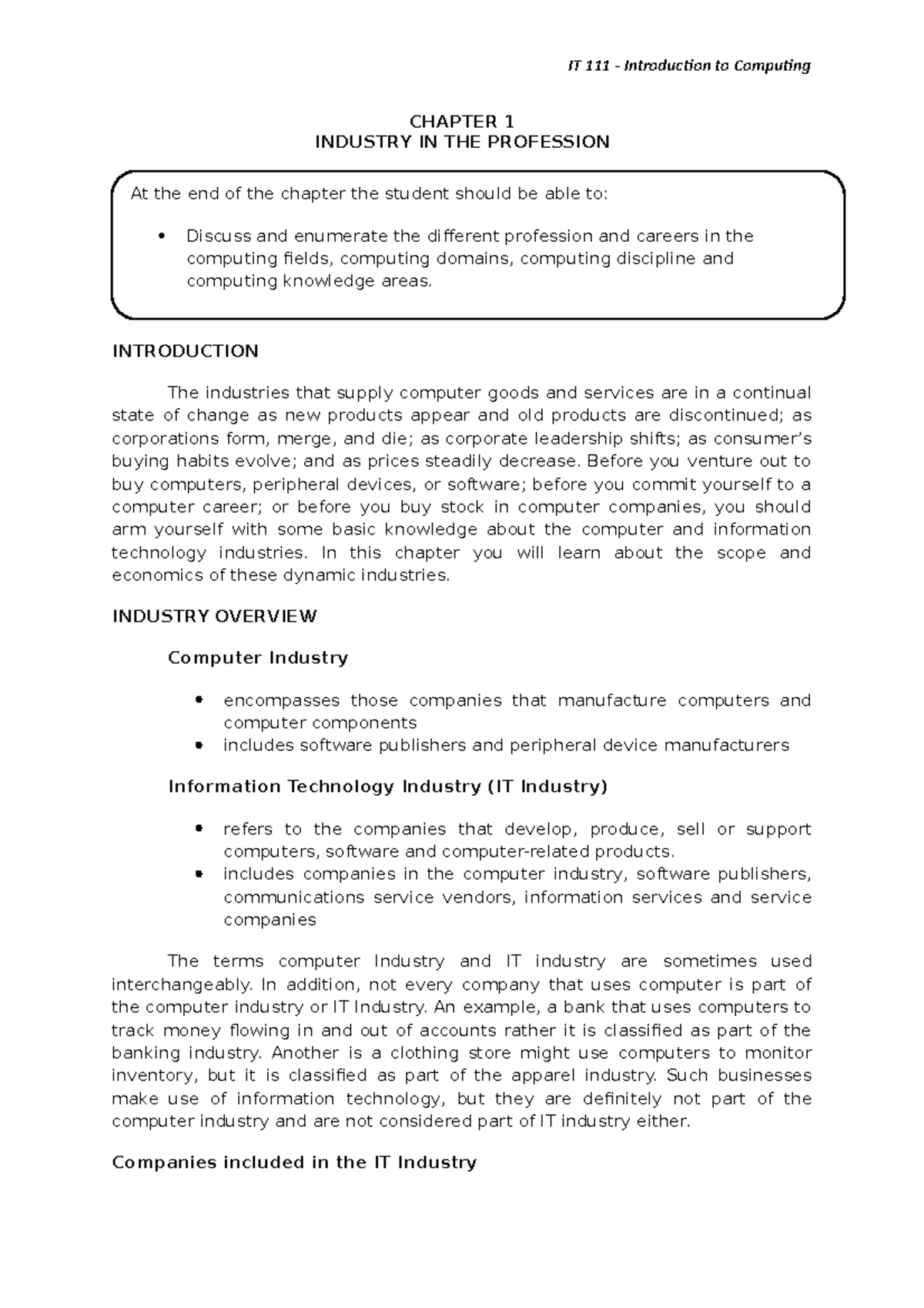 Copy of Chapter 1 - Industry in the Profession - CHAPTER 1 INDUSTRY IN ...