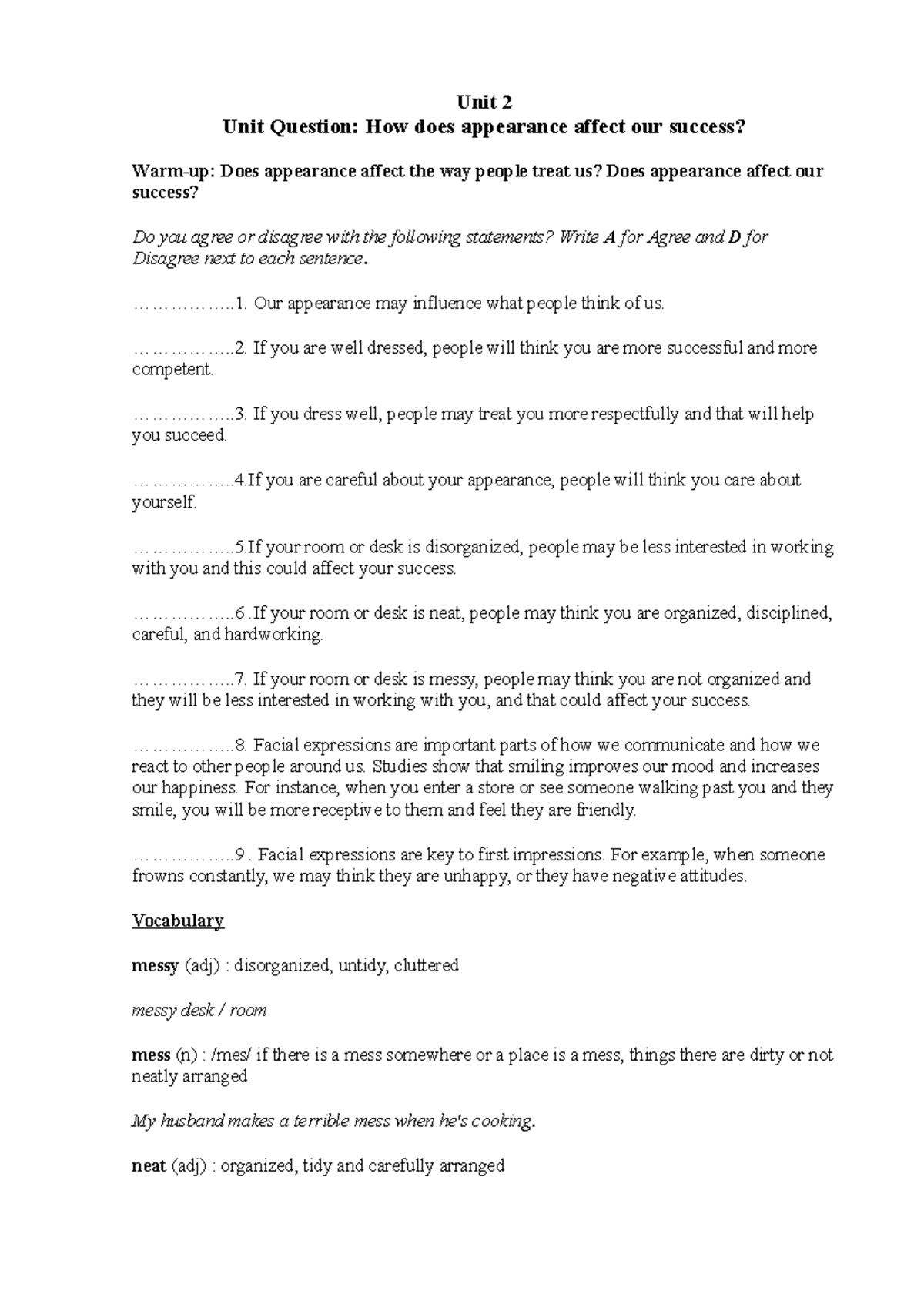 Unit 2 Handout 1 Practice speaking skill Unit 2 Unit Question