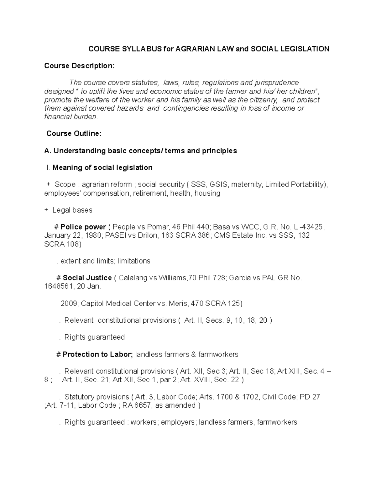 Agrarian Law And Social Legislation - COURSE SYLLABUS for AGRARIAN LAW ...