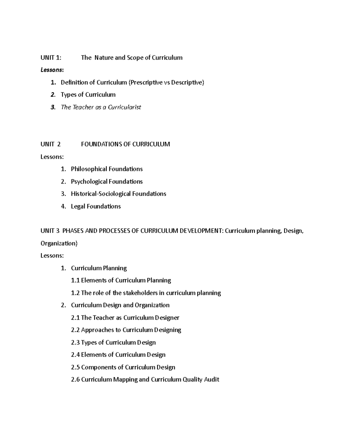 Proposed Course Outline FOR EDU 38 - UNIT 1: The Nature and Scope of ...