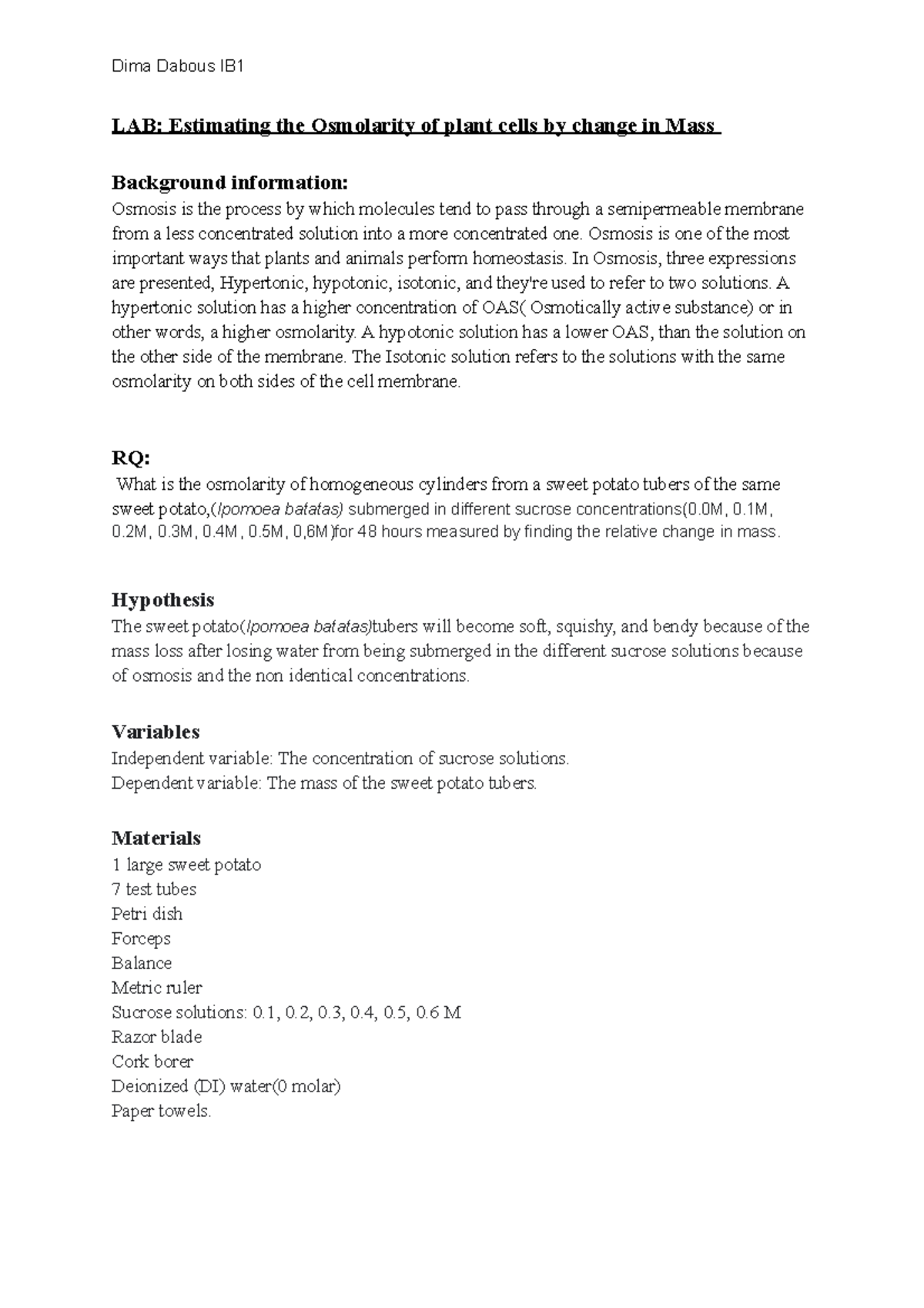 LAB Report Osmolarity of plant cells Biology Handin 2 LAB