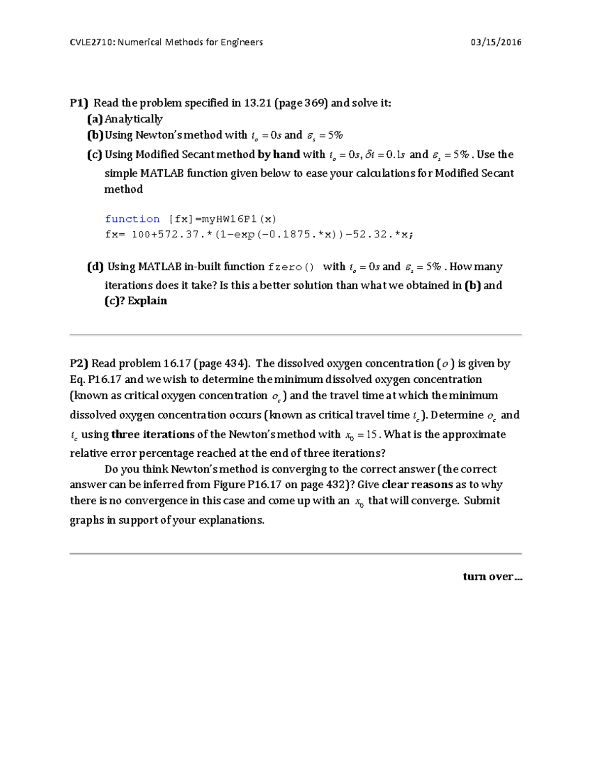 In Class Handout 16 Lecture Notes 28 CVLE2710 Numerical Methods