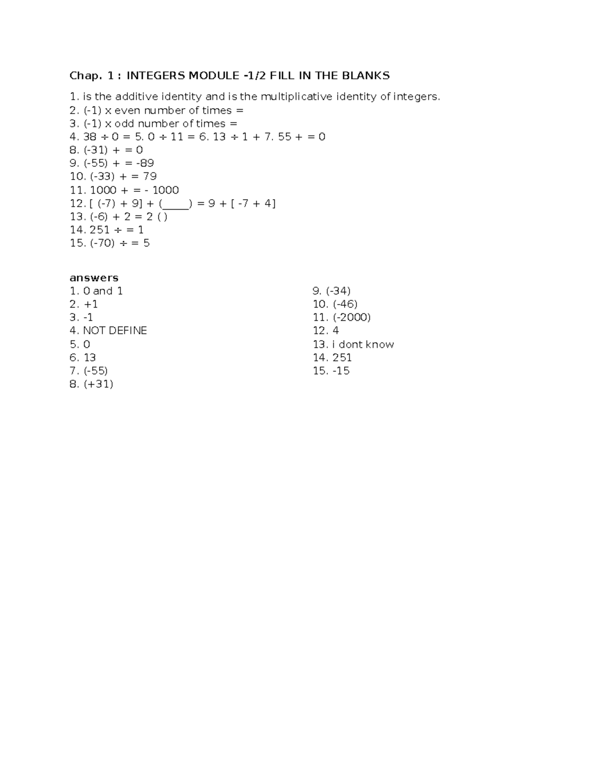Integers Module Chap. 1 INTEGERS MODULE 1/2 FILL IN THE BLANKS is