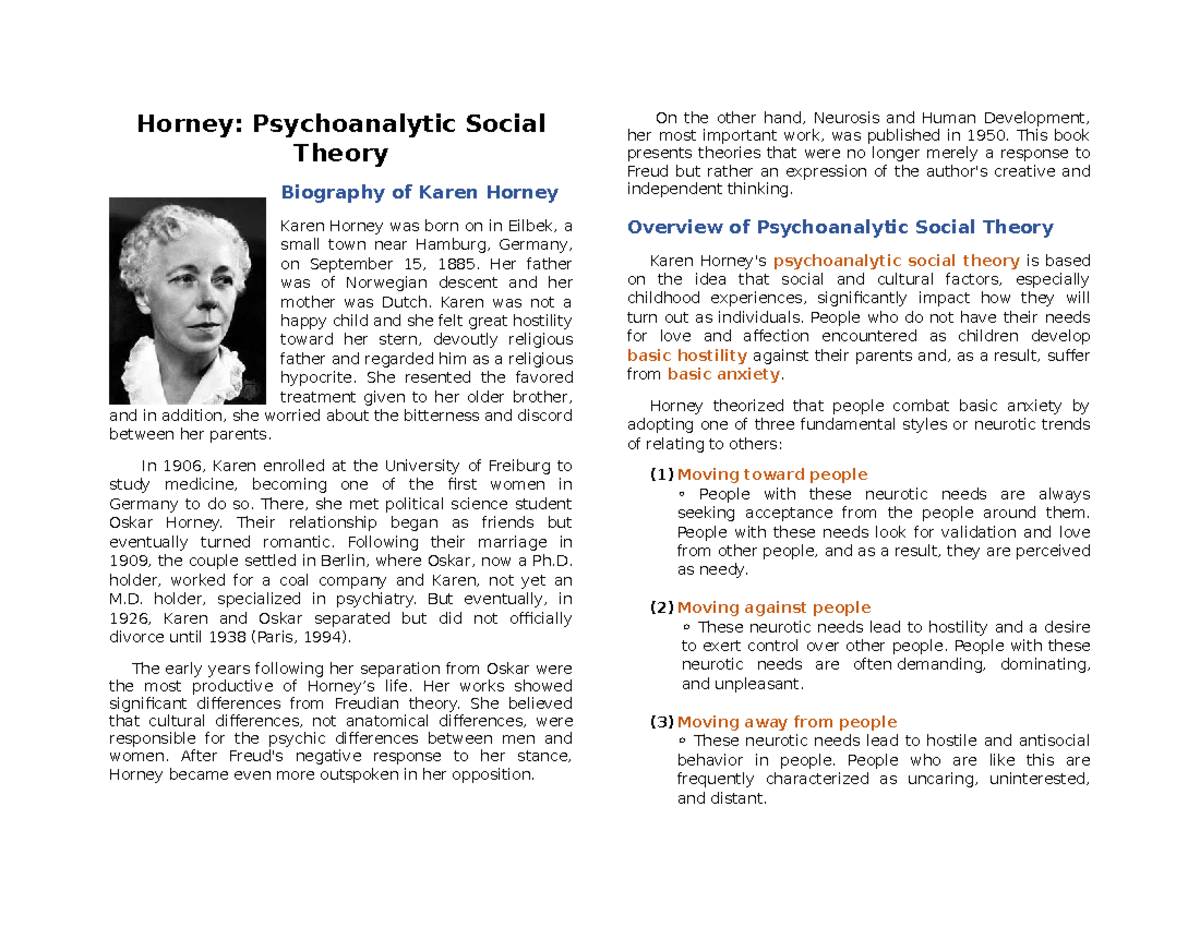 Karen-Horney - Not An Answer Sheet - Horney: Psychoanalytic Social ...