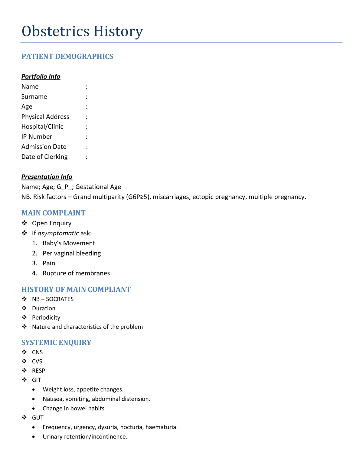 Obstetrics History Exam - Obstetrics History PATIENT DEMOGRAPHICS ...