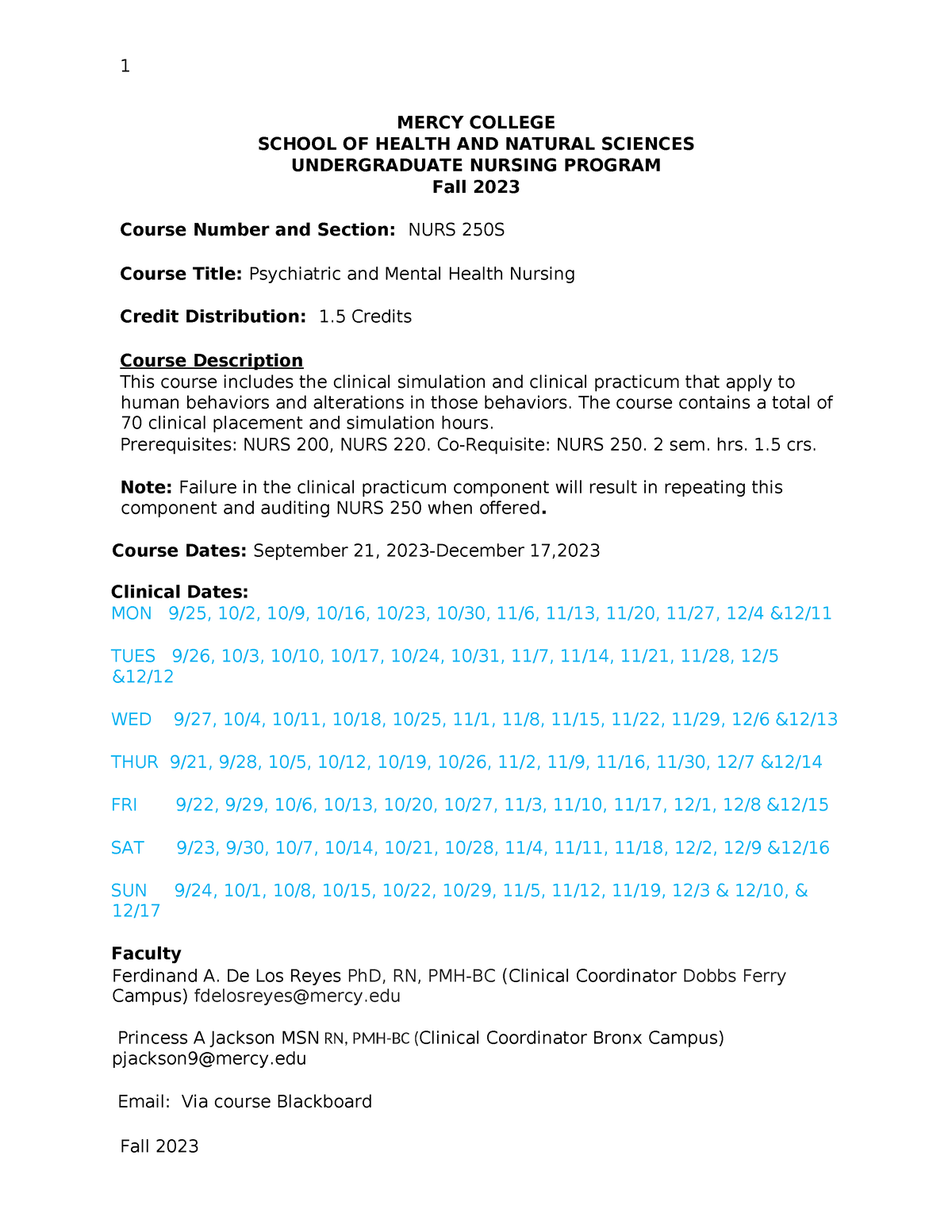 NURS 250 S syllabus fall 2023 (1) MERCY COLLEGE SCHOOL OF HEALTH AND