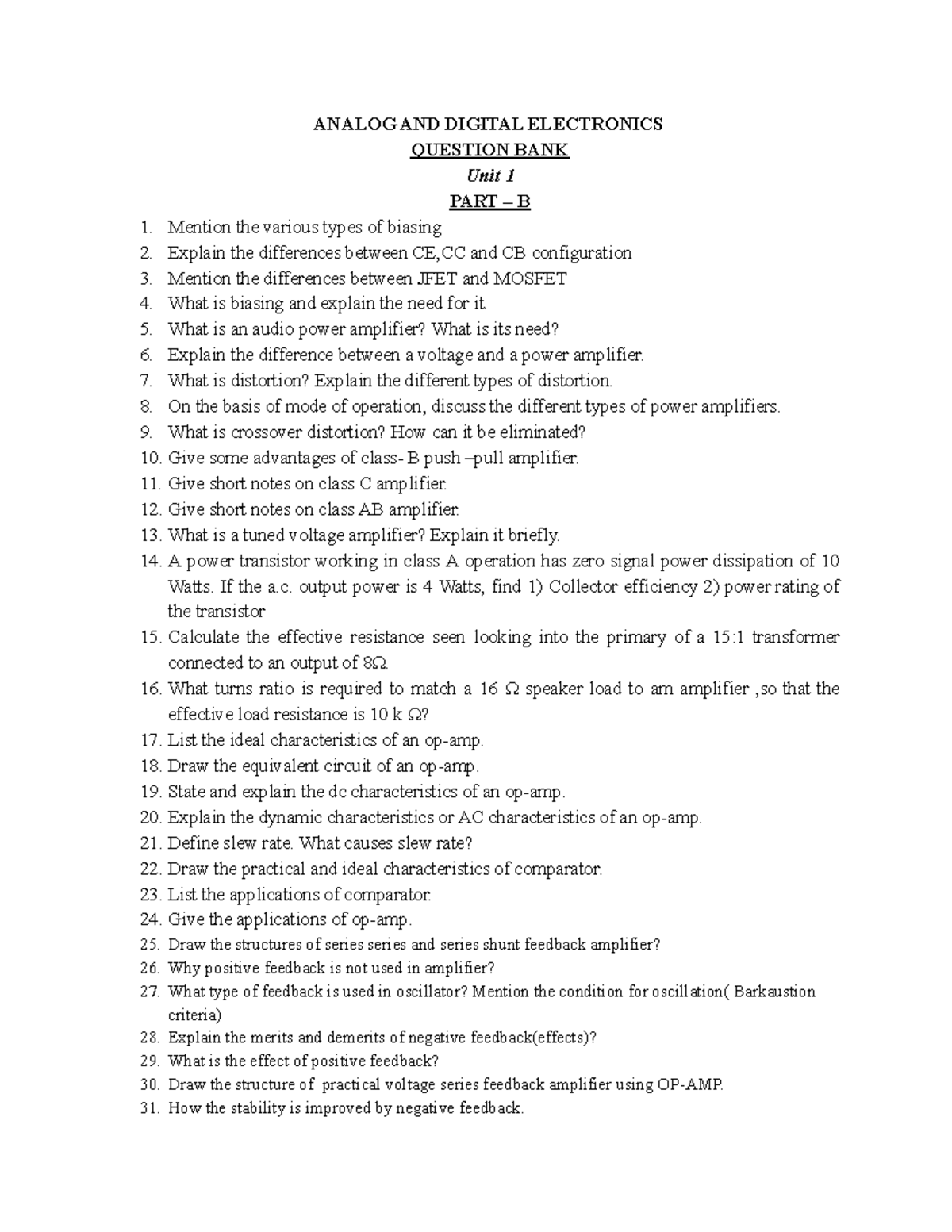 ADE QB 1 question bank ANALOG AND DIGITAL ELECTRONICS QUESTION BANK