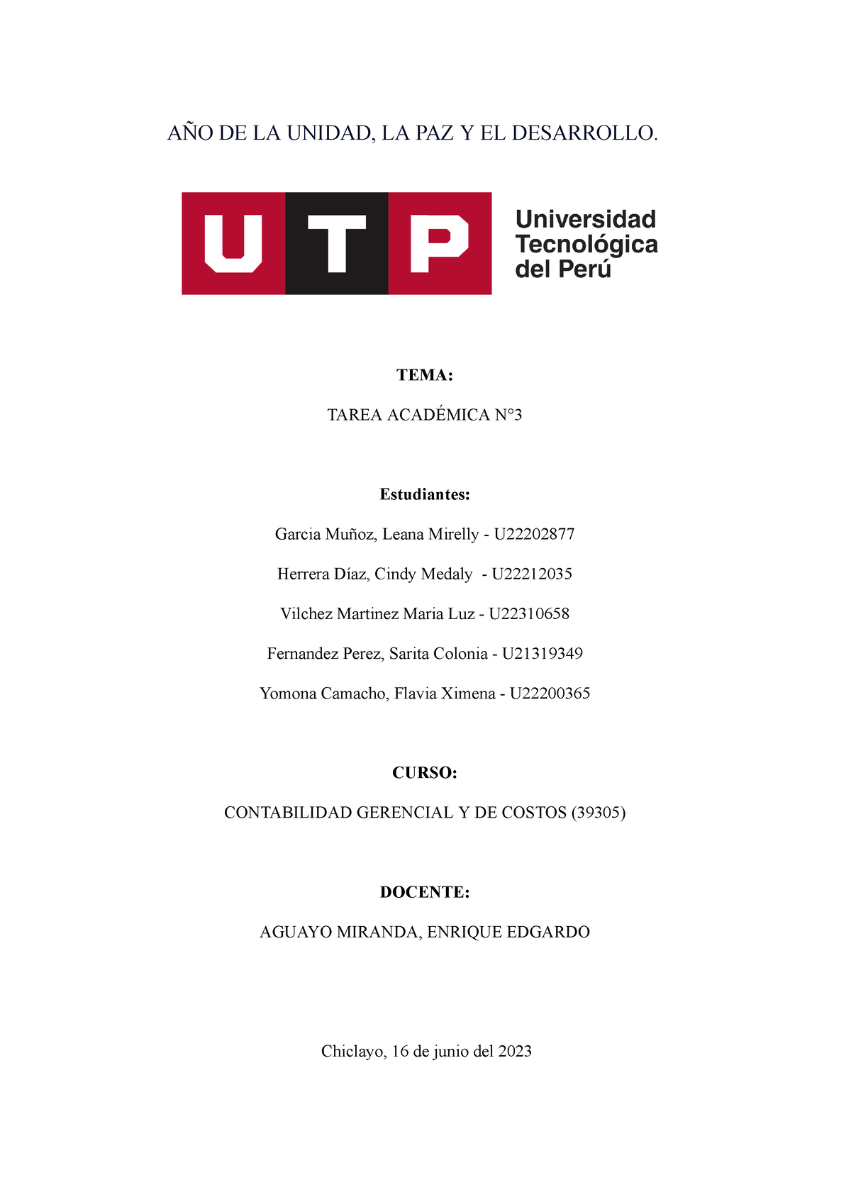 TA3 Contabilidad - tarea academica 3 - AÑO DE LA UNIDAD, LA PAZ Y EL ...