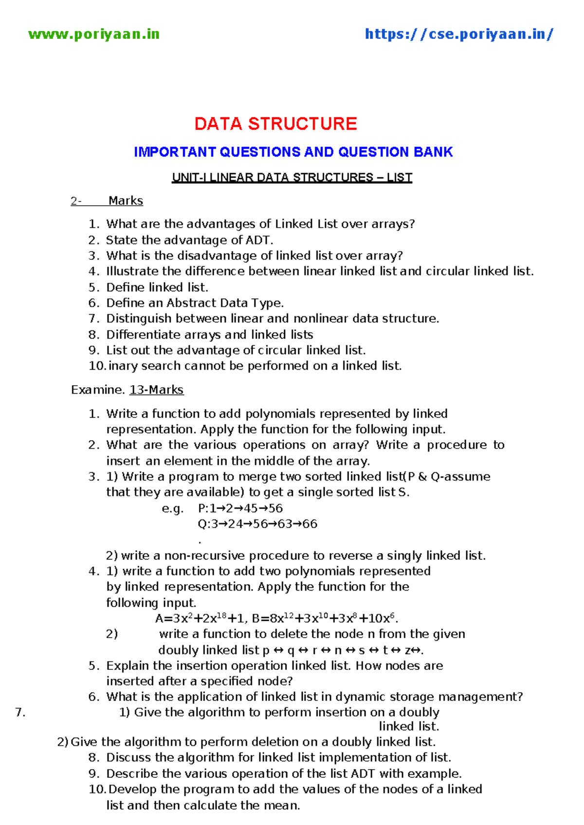 DATA Structure question bank - DATA STRUCTURE IMPORTANT QUESTIONS AND ...