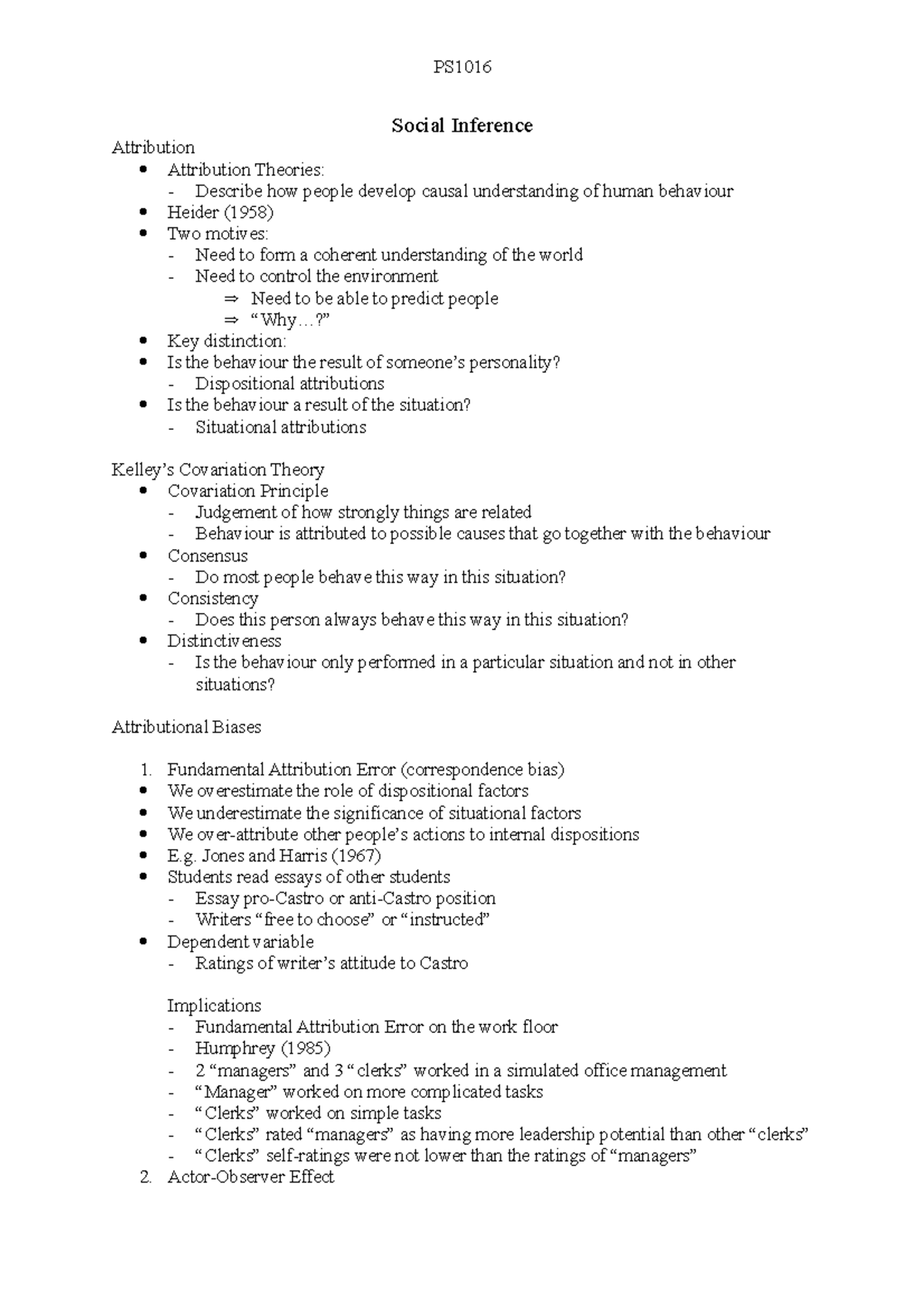 Social Inference - PS1016 Social Inference Attribution Attribution ...