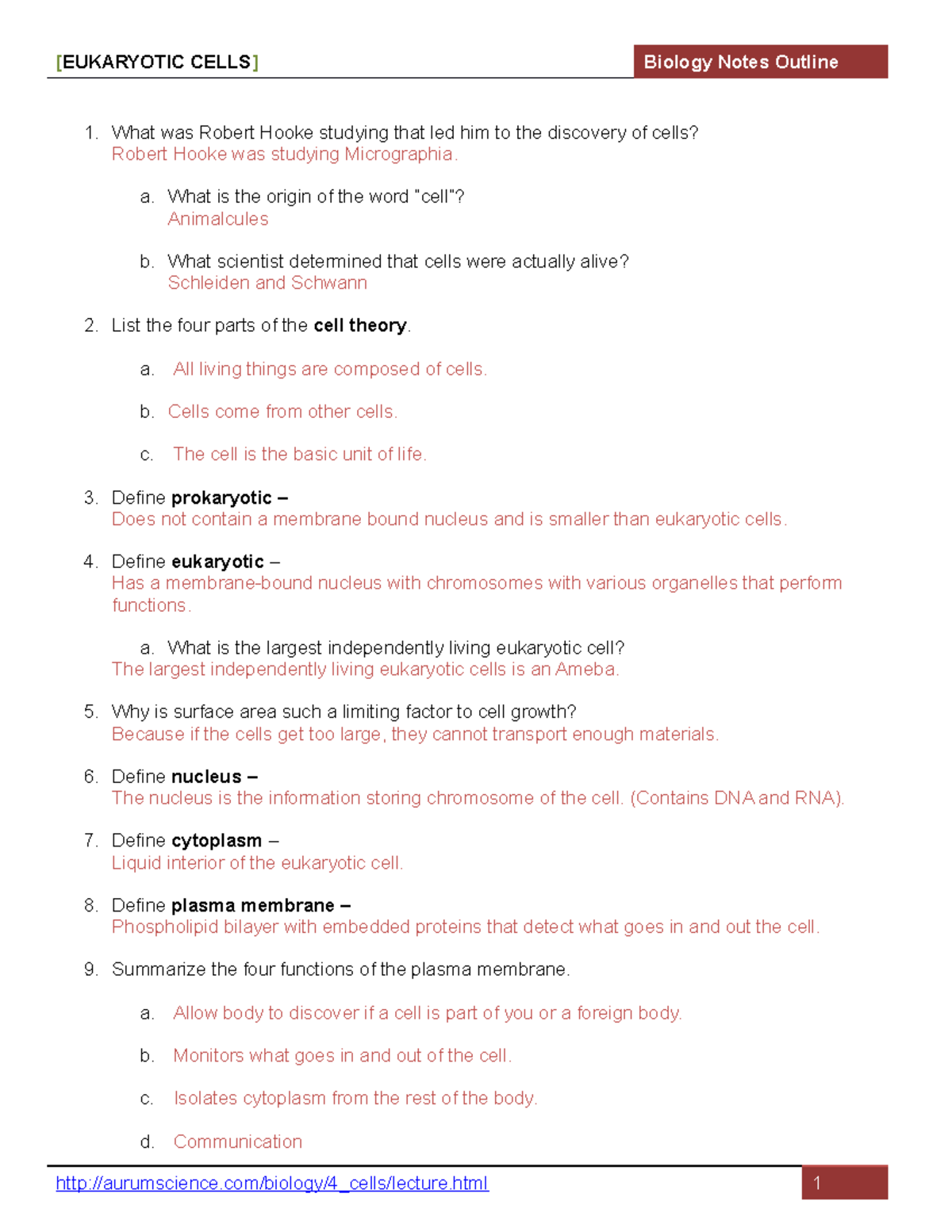 Eukaryotic Cell Structure and Function Notes Outline - What was Robert ...