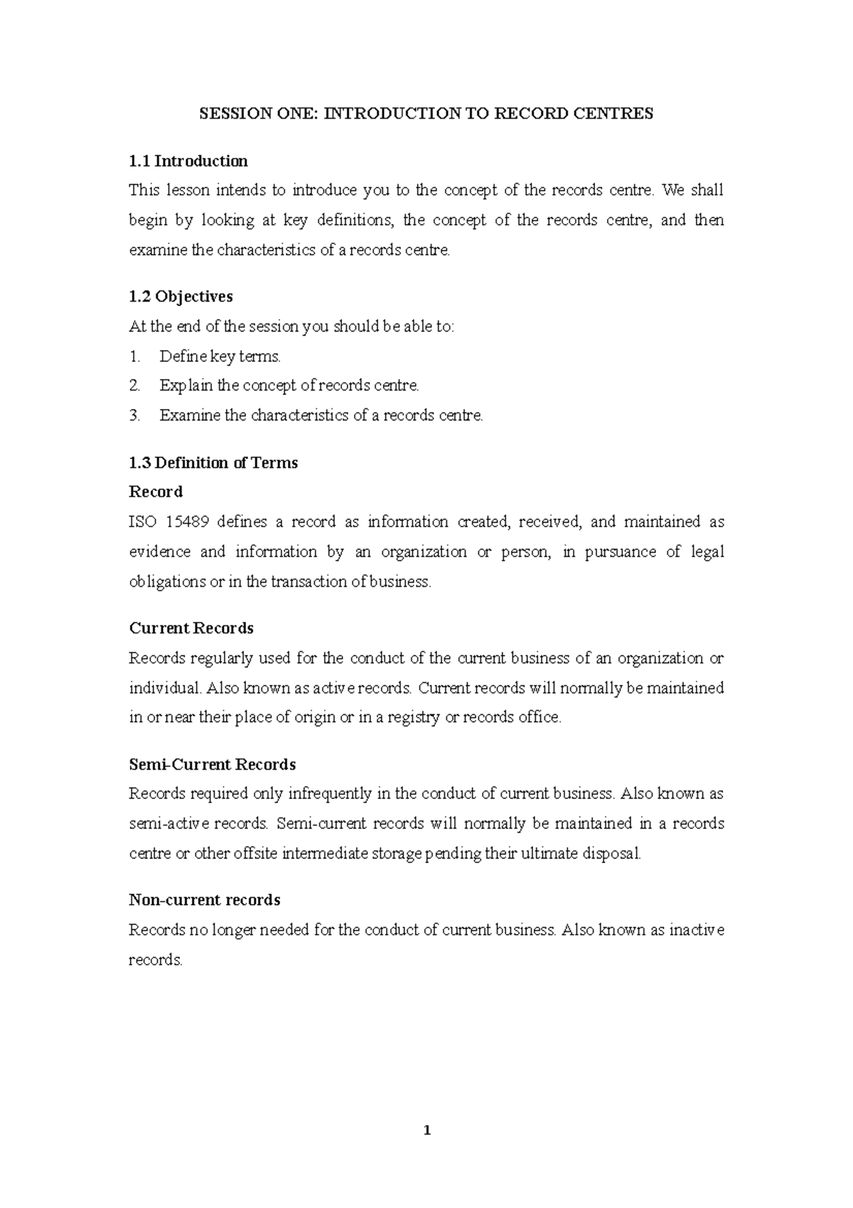 Session 1 Introduction TO Record Centres - SESSION ONE: INTRODUCTION TO ...