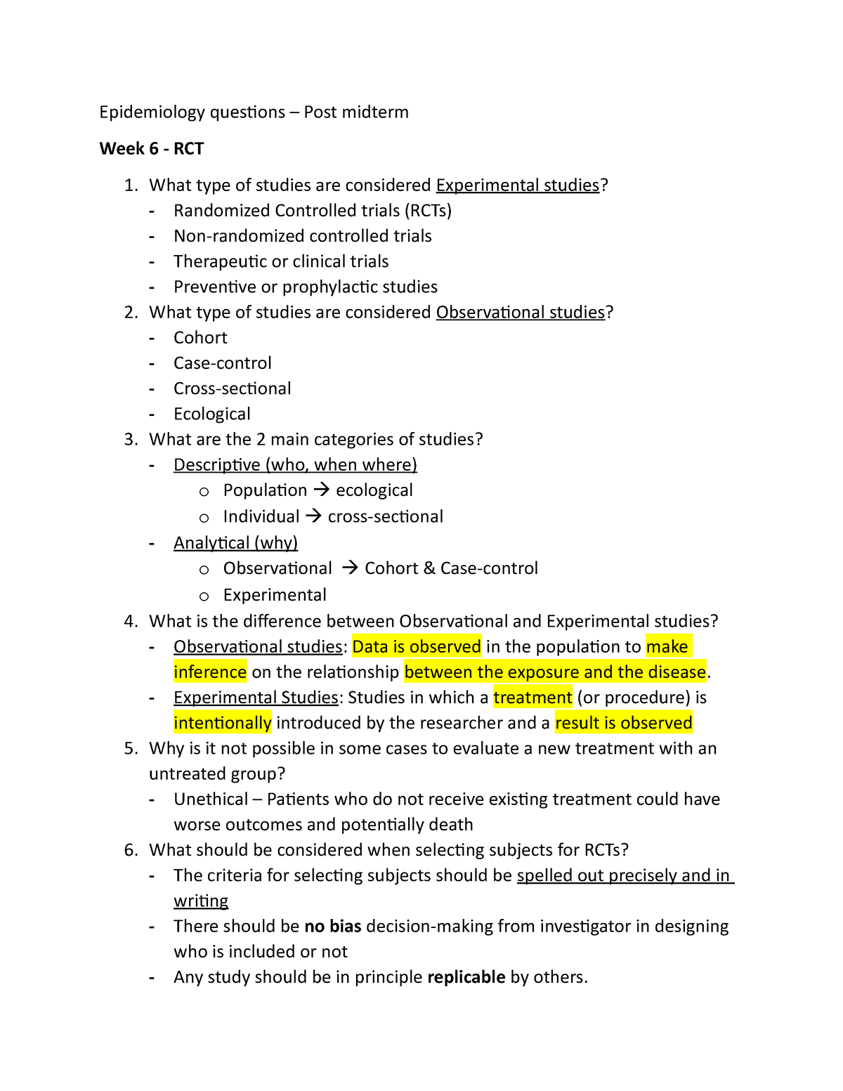 Epidemiology questions post midterm Epidemiology questions Post