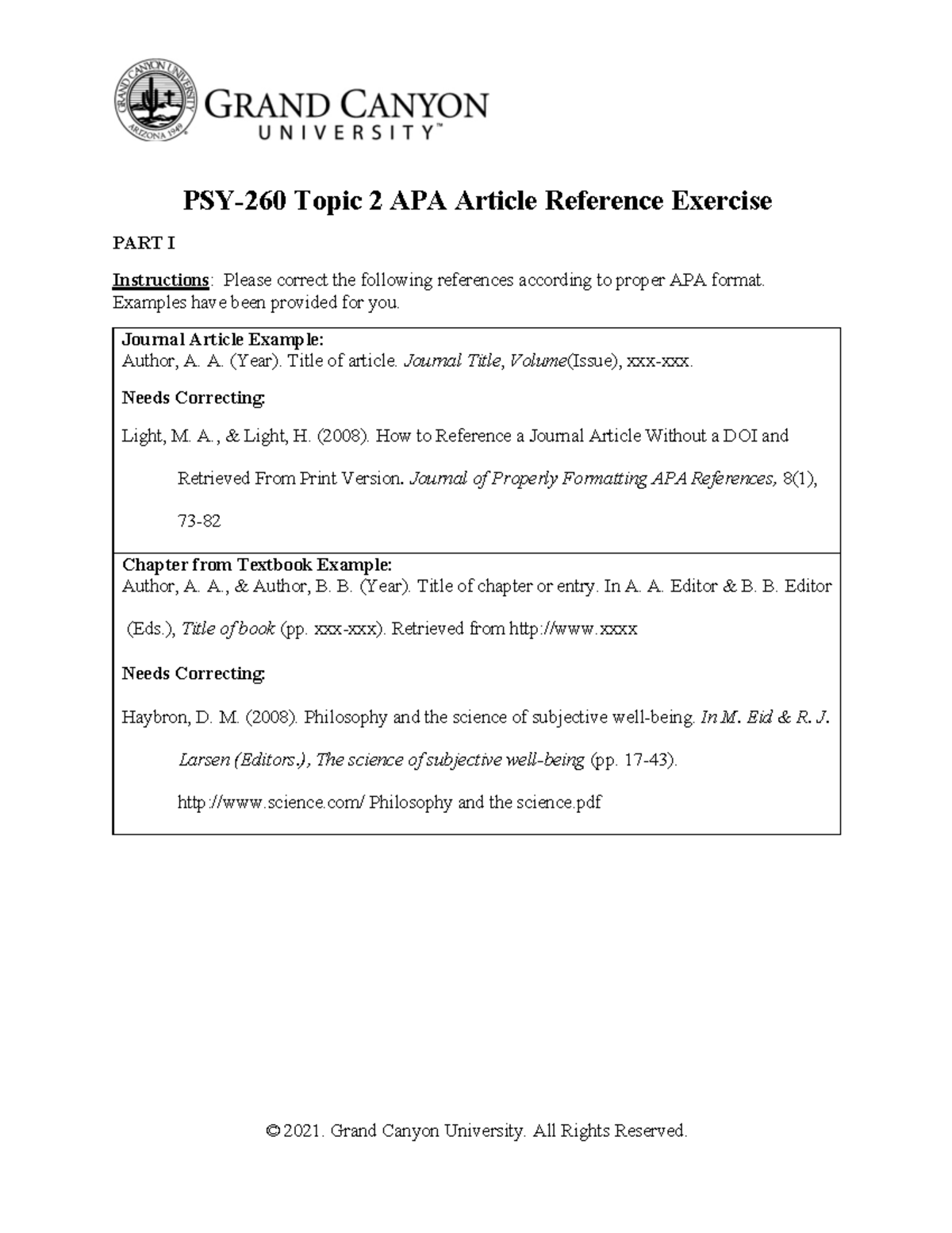 APA Article Reference Exercise © 2021. Grand Canyon University. All