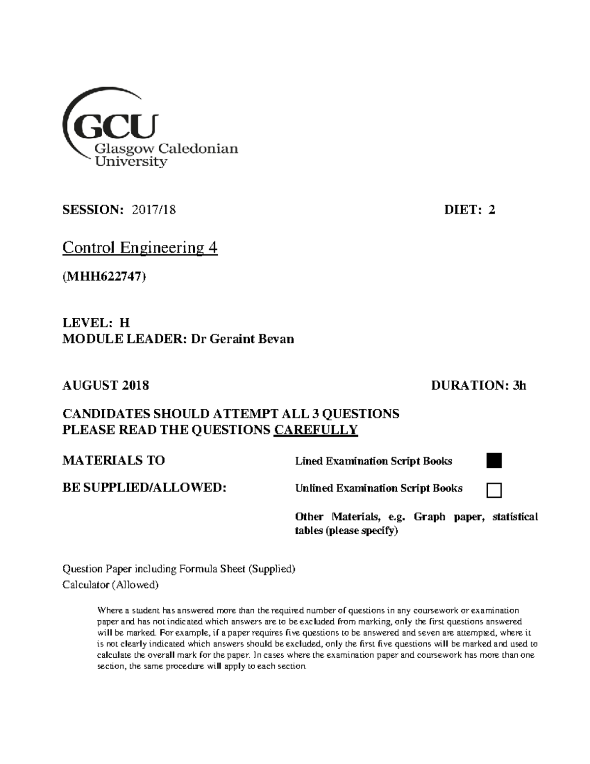 Control Engineering Past Exam - 08/2018 - SESSION: 2017/18 DIET: 2 ...