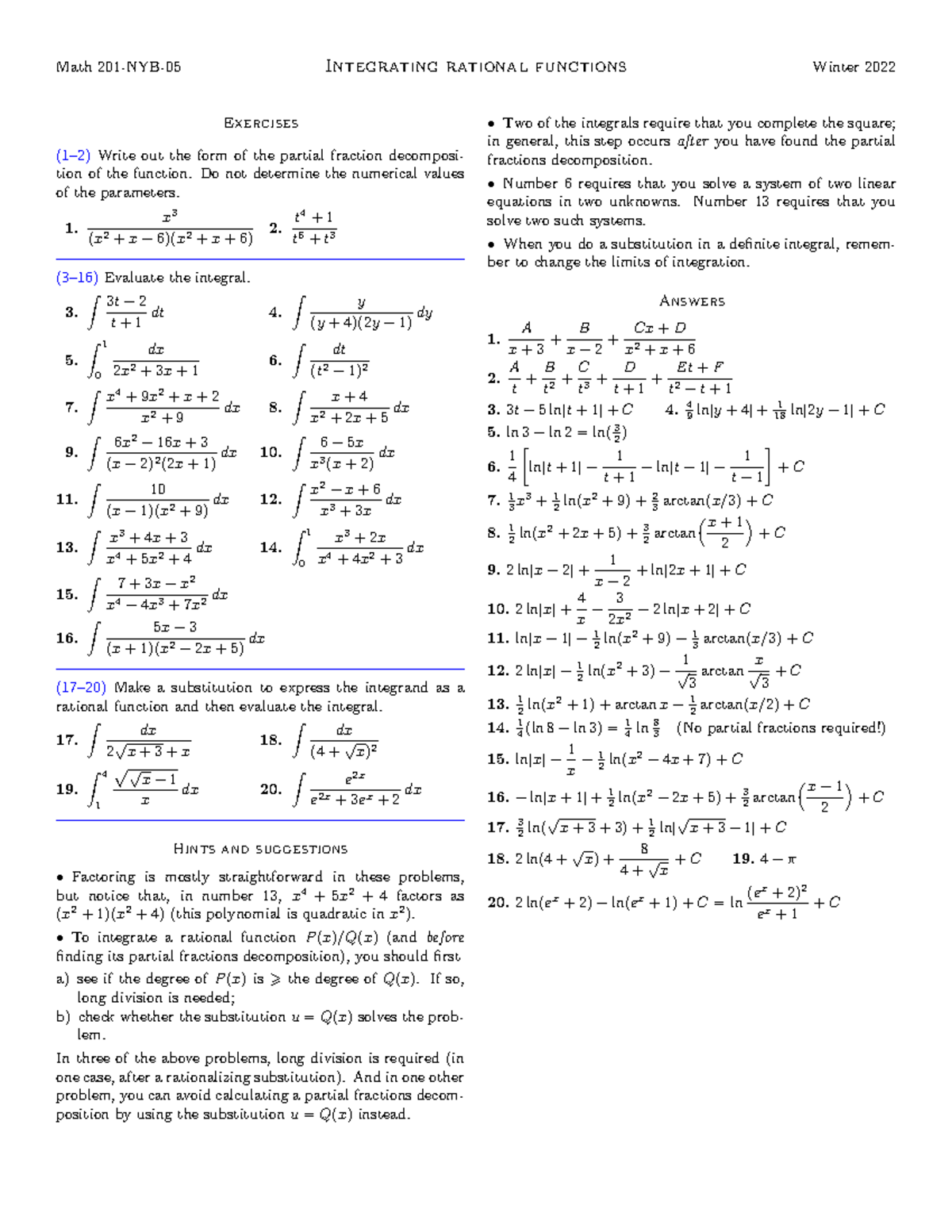 Partialfractions - PRactice - Math 201-NYB-05 Integrating rational ...