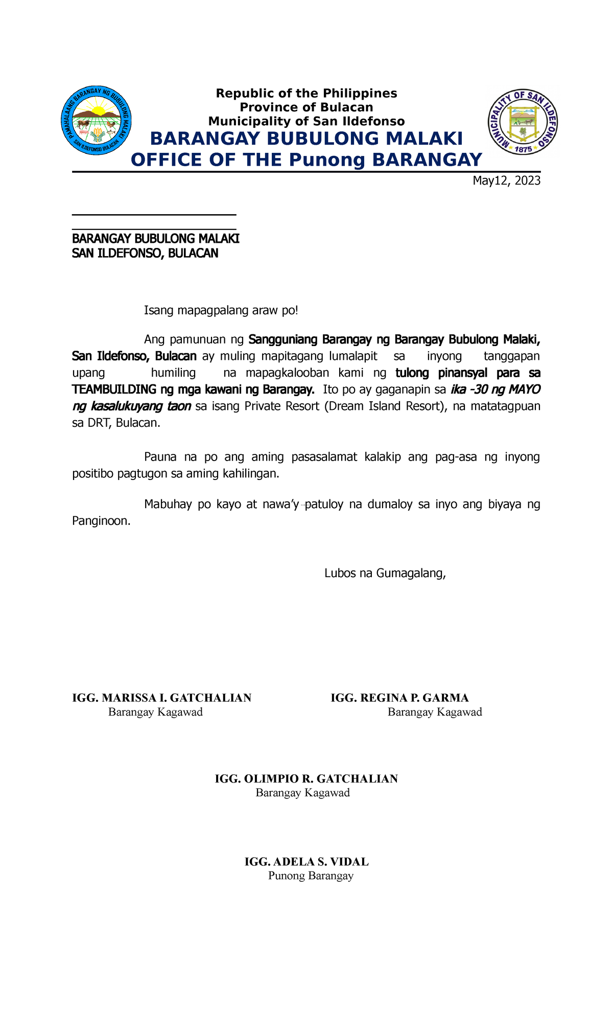 request letter for teambuilding - Republic of the Philippines Province ...