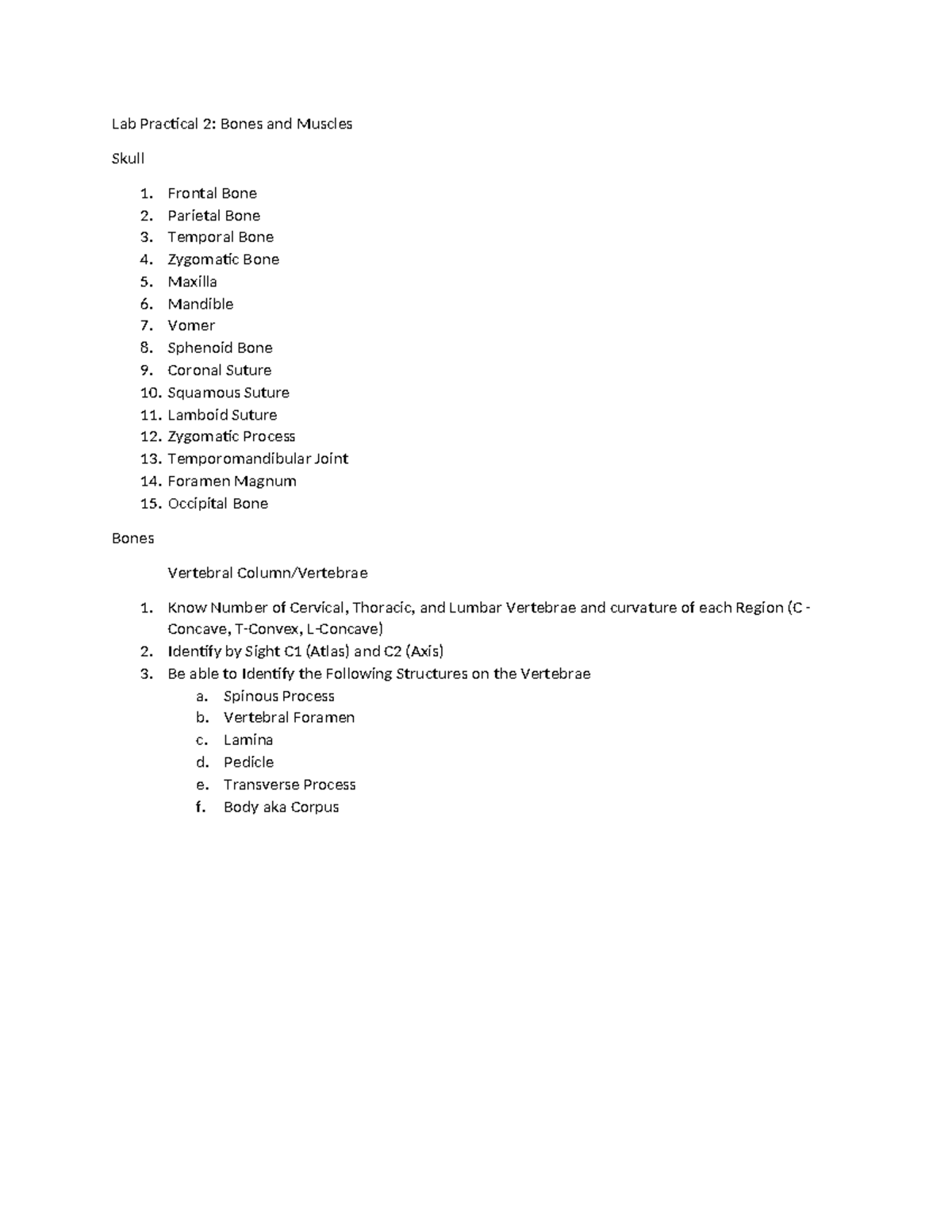 Lab Practical 2 Study List-1 - Lab Practical 2: Bones and Muscles Skull ...