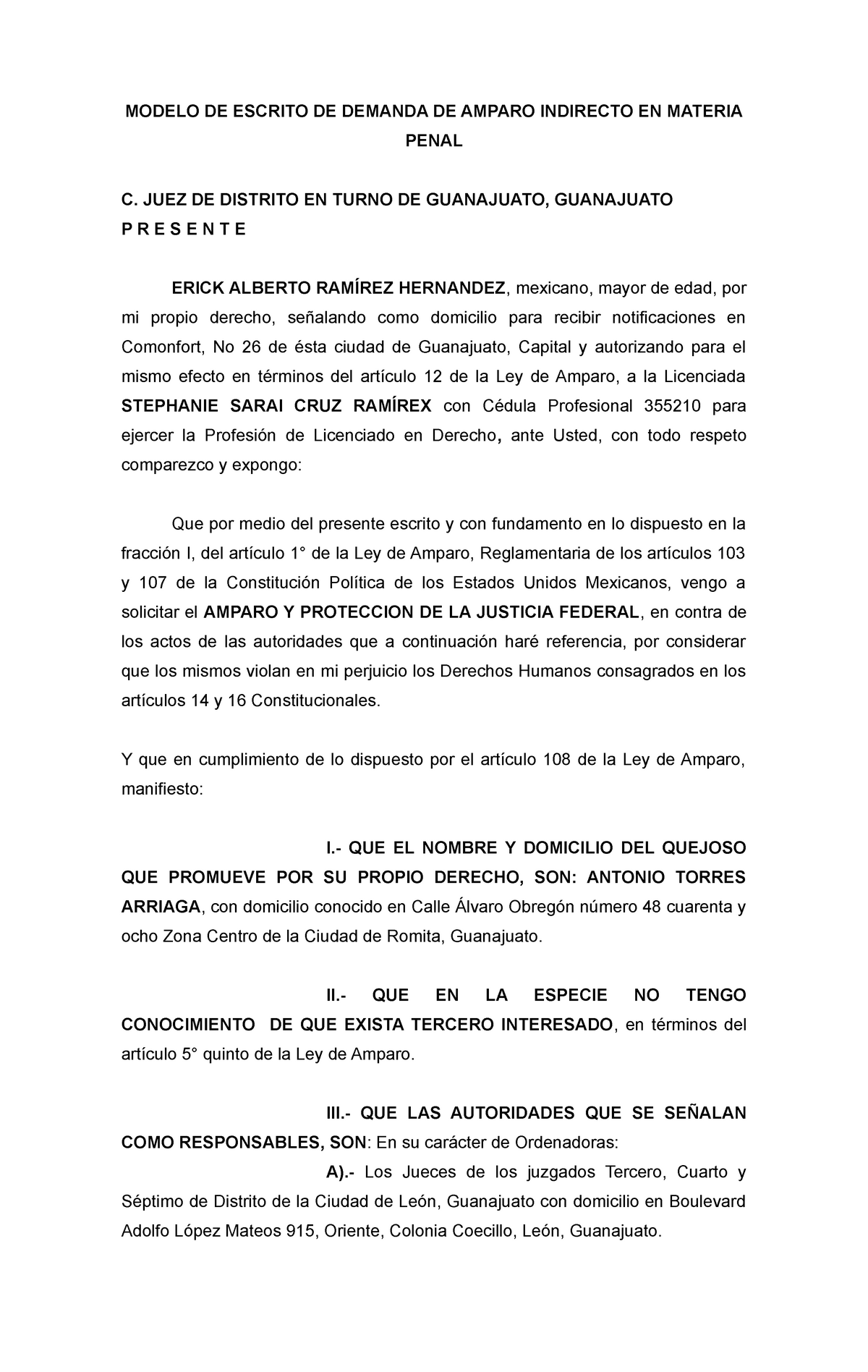 03 Demanda DE AMPARO INDIRECTO EN MATERIA Penal - MODELO DE ESCRITO DE  DEMANDA DE AMPARO INDIRECTO - Studocu