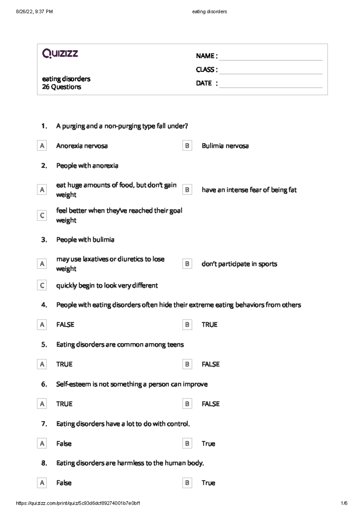 Eating disorders - eating 26 Questions disorders NAME : CLASS : DATE ...