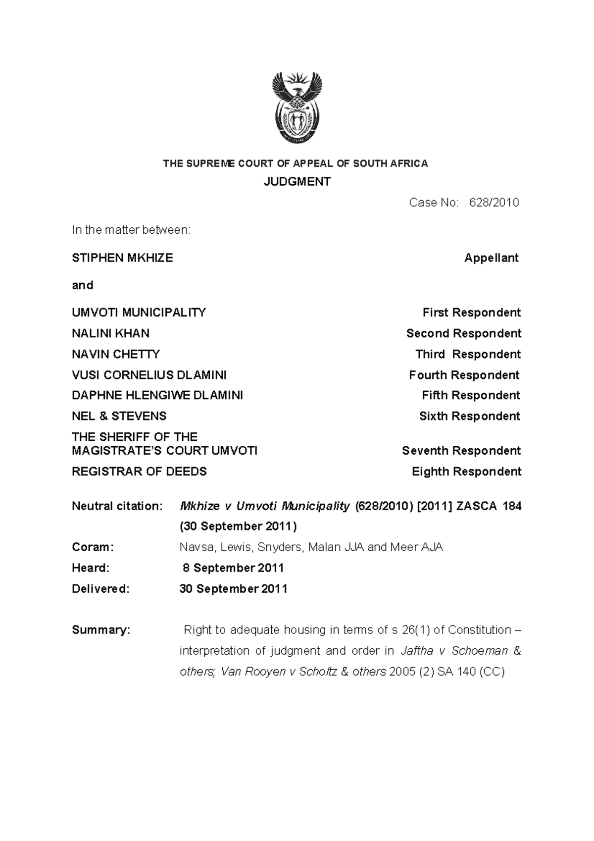 184 - Case - THE SUPREME COURT OF APPEAL OF SOUTH AFRICA JUDGMENT Case ...