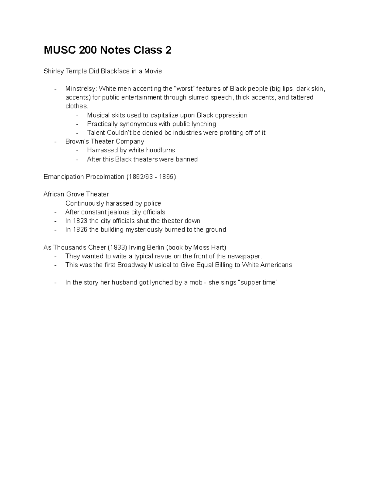 MUSC 200 Class 2 - MUSC 200 Notes Class 2 Shirley Temple Did Blackface ...