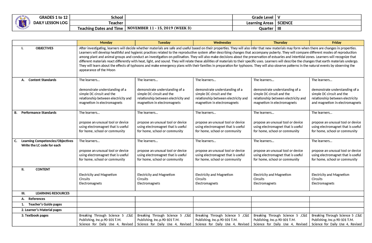 Grade 5 DLL Science 5 Q3 Week 3 - GRADES 1 to 12 DAILY LESSON LOG ...