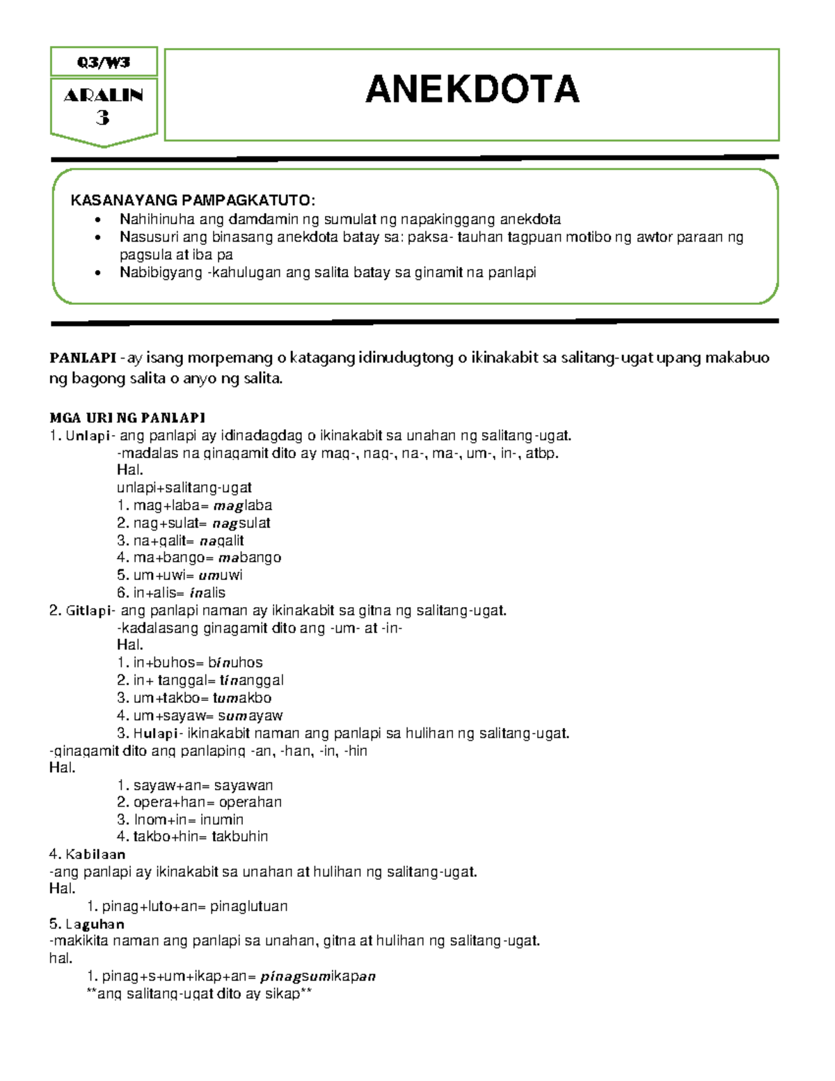 Filipino 10 worksheet Q3 final - 𝐏𝐀𝐍𝐋𝐀𝐏𝐈 -ay isang morpemang o katagang ...