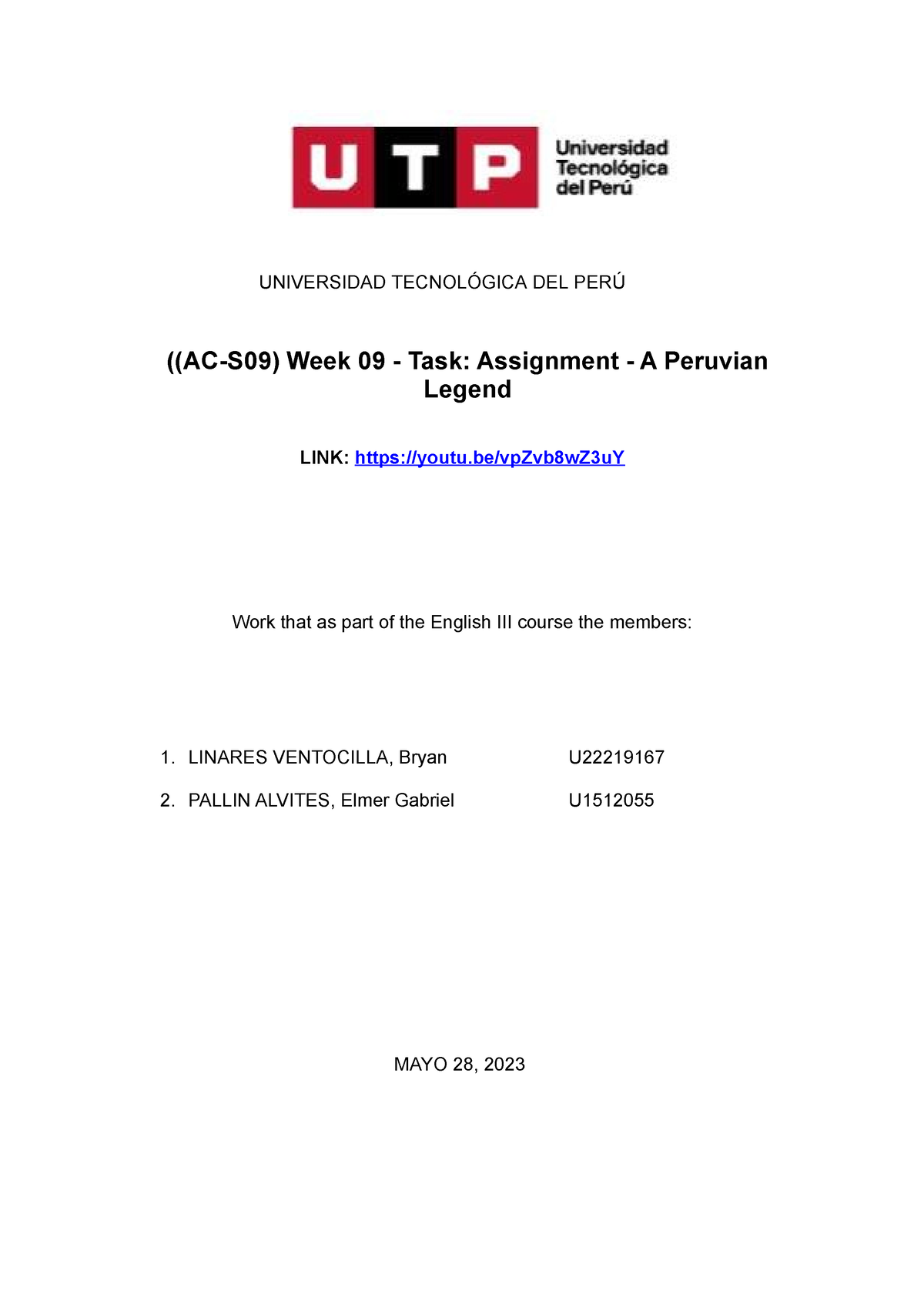 Tarea Academica N° 2 Ingles - UNIVERSIDAD TECNOLÓGICA DEL PERÚ ((AC-S09 ...