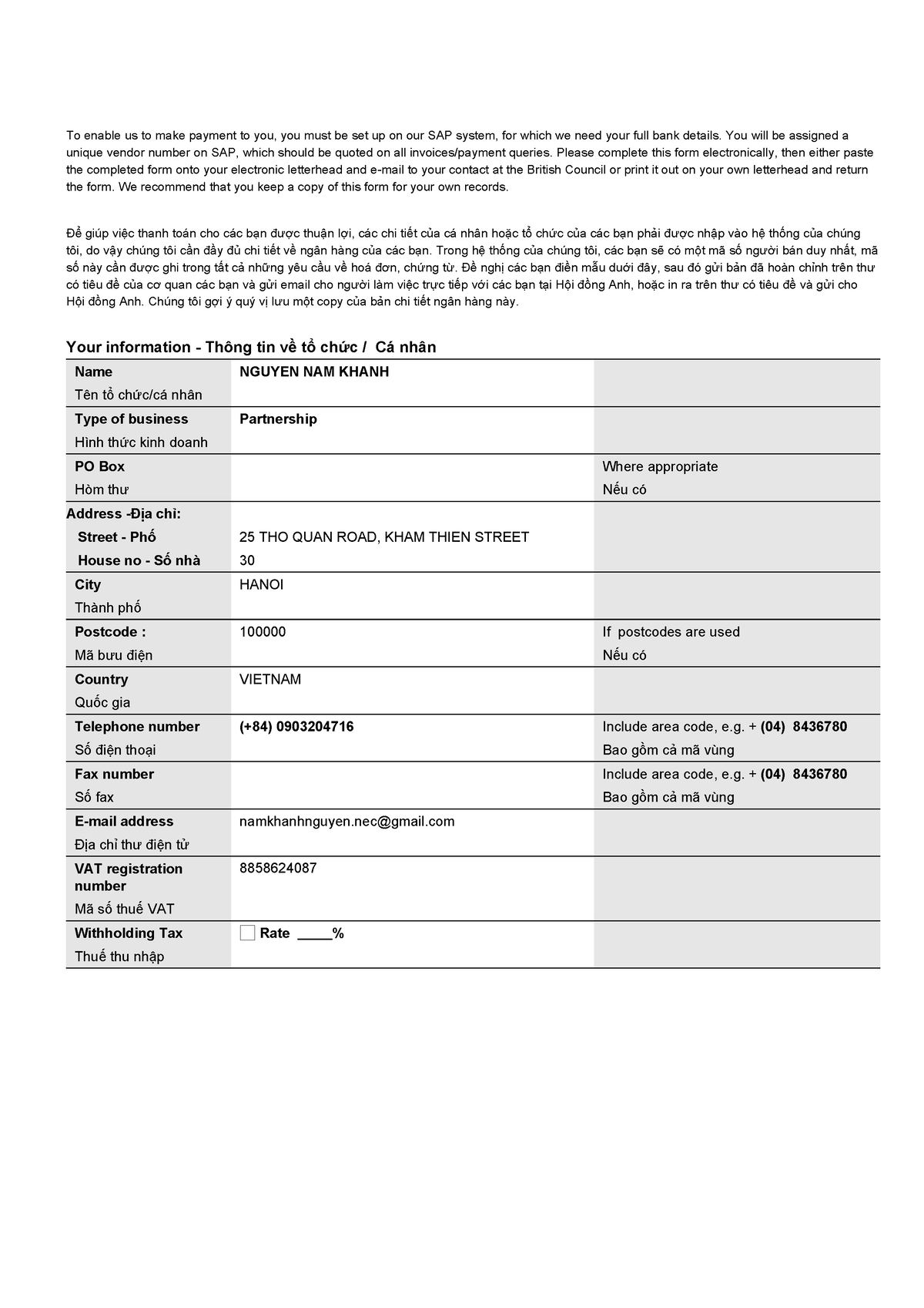 Vendor Detail Form - New TAs - To enable us to make payment to you, you ...