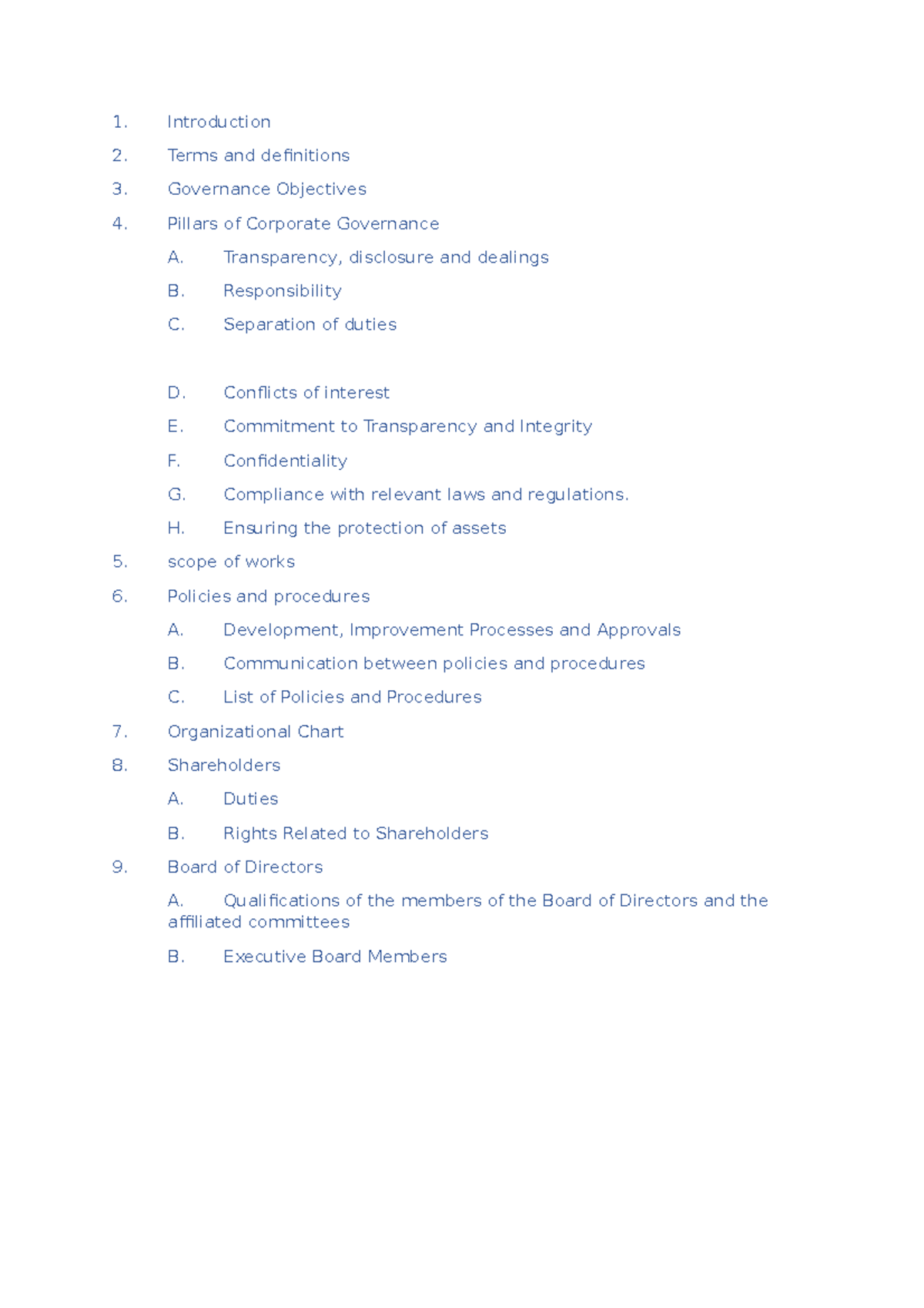 Toc Table Of Contents For Governance Policy Introduction Terms And