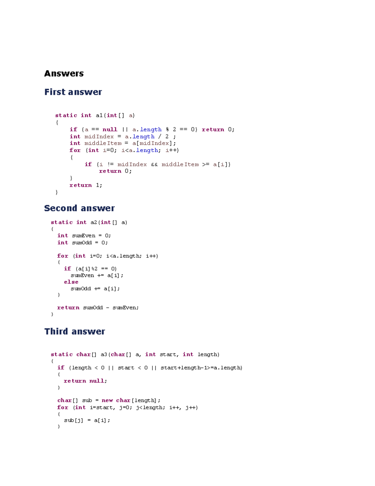 Solutions to sample questions - Answers First answer static int a1(int ...