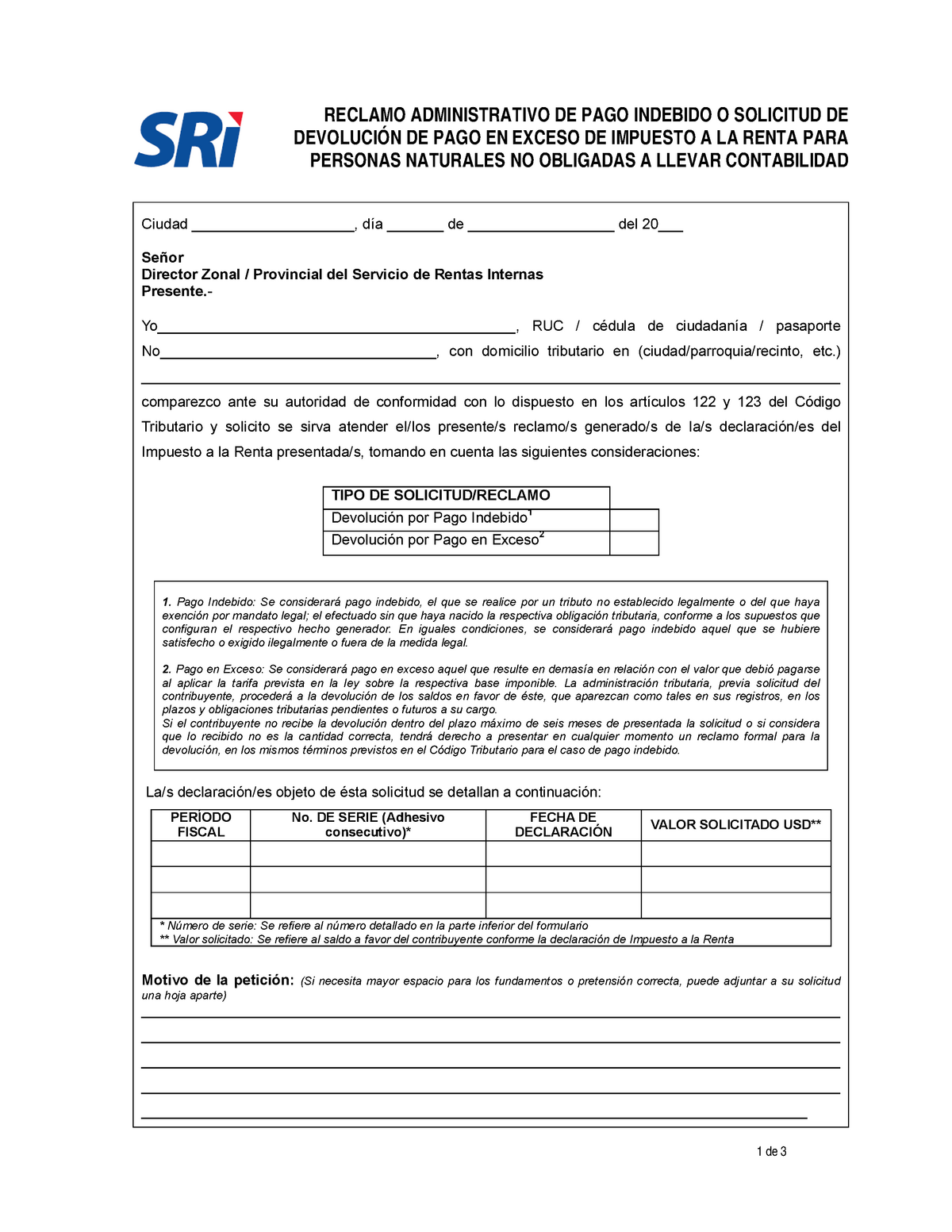 Solicitud Pago Exceso O Reclamo Pago Indebido Impuesto Renta Pnnollc 1 De 3 Reclamo 0659