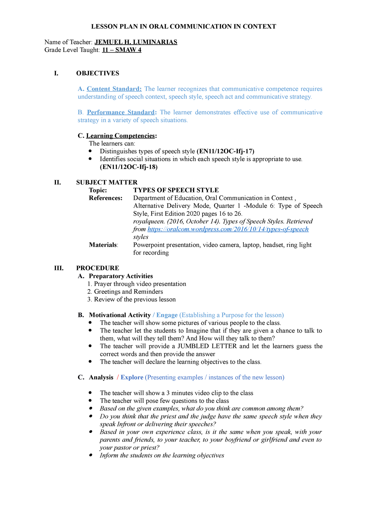 oral communication speech style