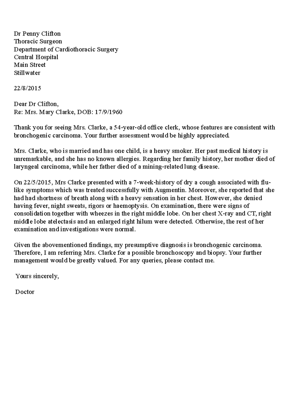 B Mary Clarke Course Dr Penny Clifton Thoracic Surgeon Department