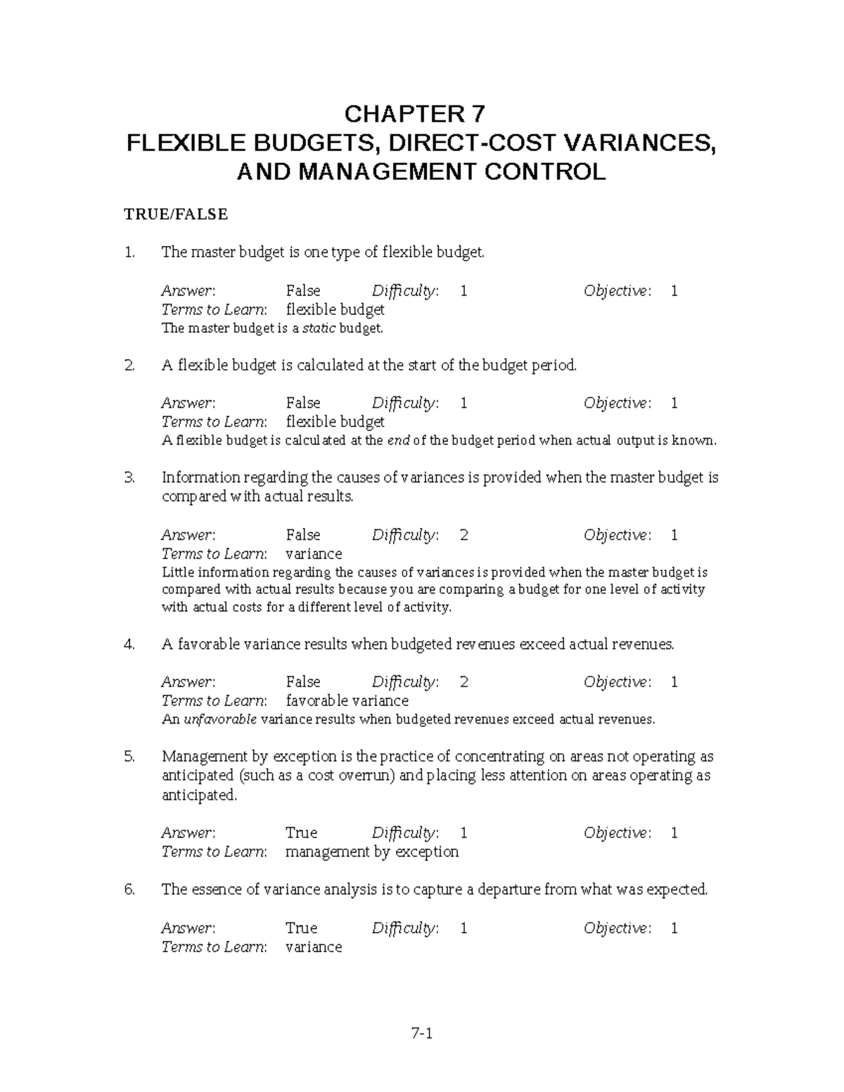 Chapter 7 Test Bank - Ch 7 Test Bank - CHAPTER 7 FLEXIBLE BUDGETS ...