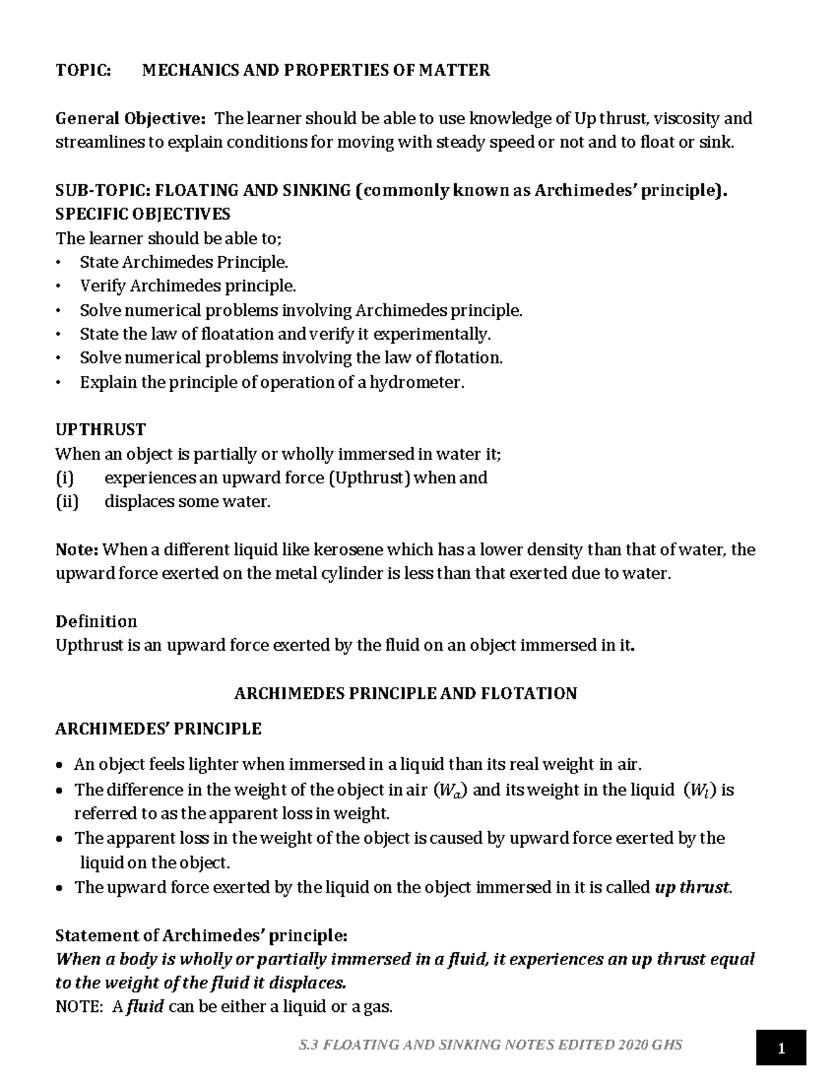 Physics mechanics and properties of matter s3 TOPIC MECHANICS AND