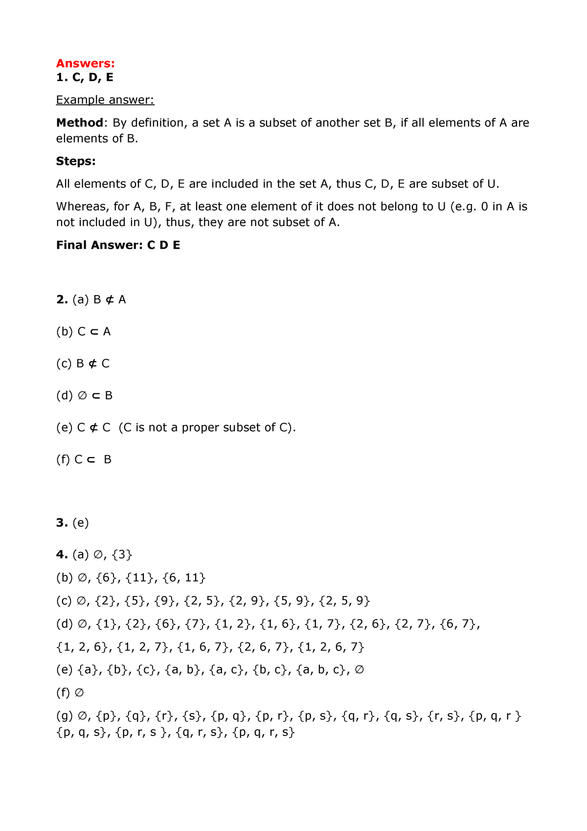 Answers to sets - It's new - **Answers: C, D, E** Example answer ...