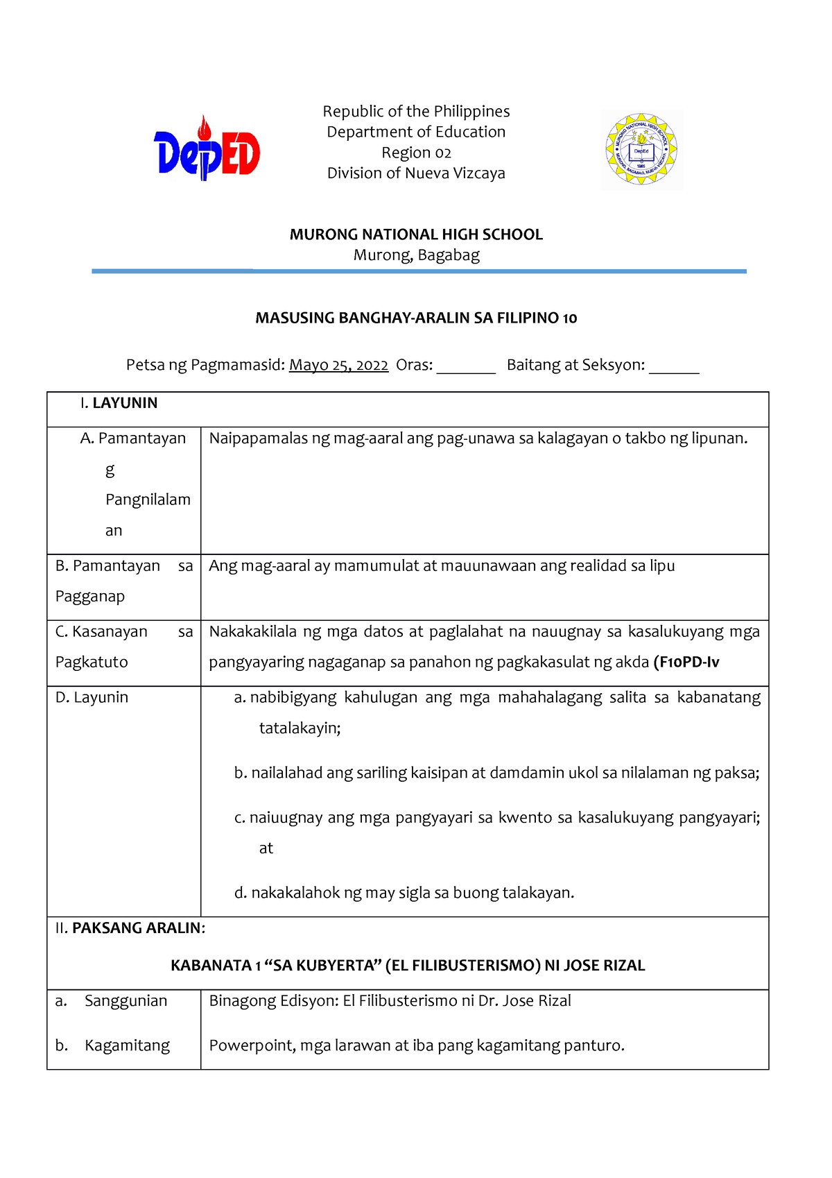 Sa Kubyerta Kabanata El Filibusterismo Republic Of The Philippines Department Of Education