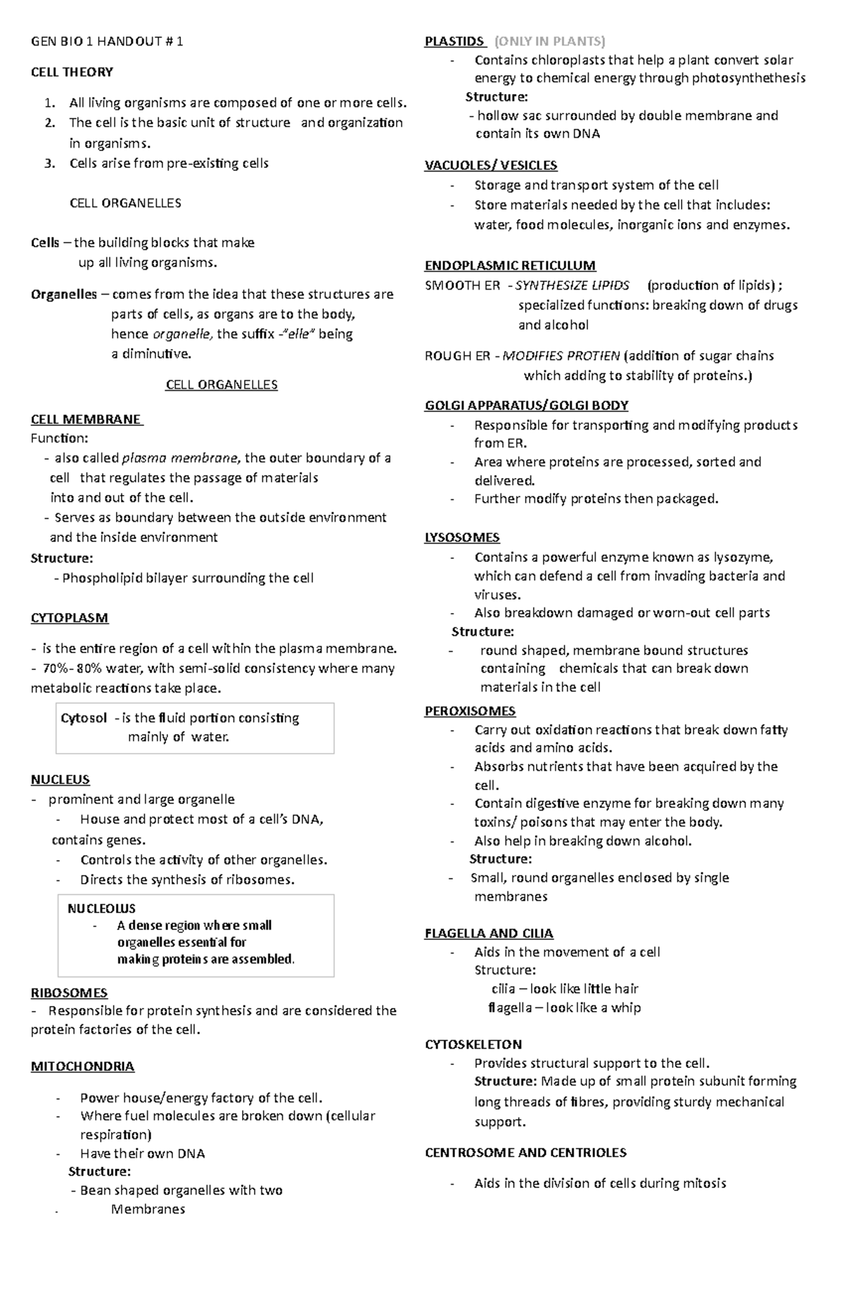 Gen Bio 1 Handout - Gen Bio 1 Handout # 1 Cell Theory All Living 