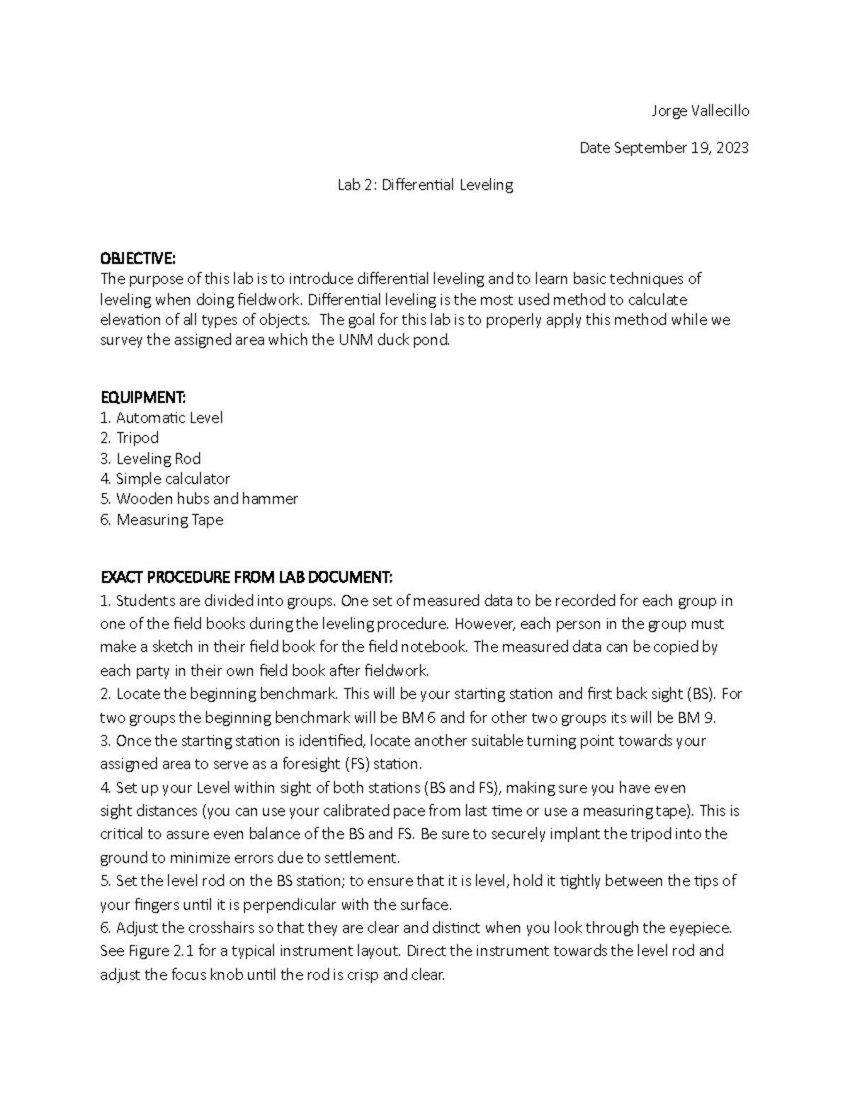 Lab Report 2 Different Leveling Vallecillo Date September 19
