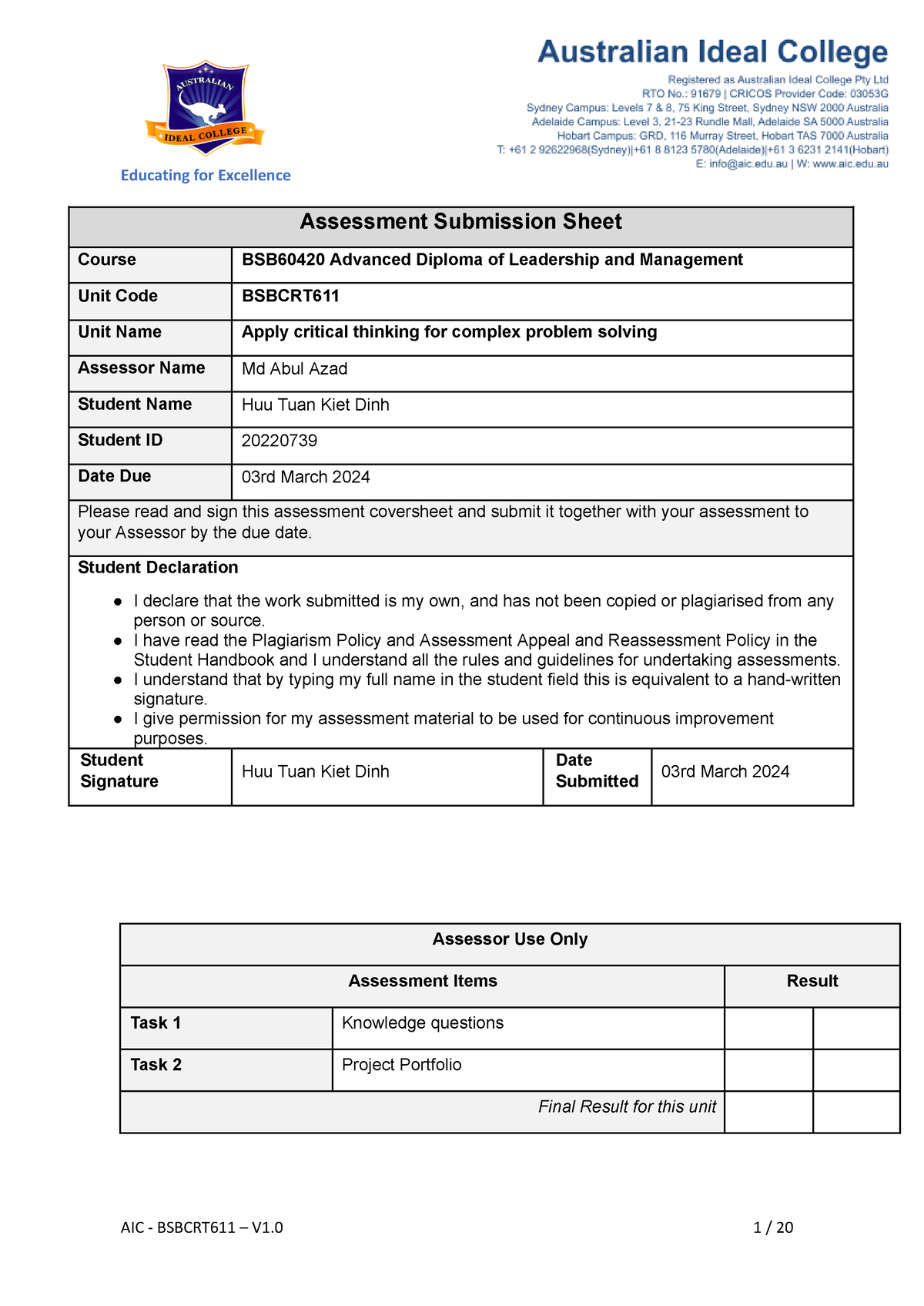 20220739 Bsbcrt 611 Student Assessment Tasks - AIC - BSBCRT611 – V1 1 / ...