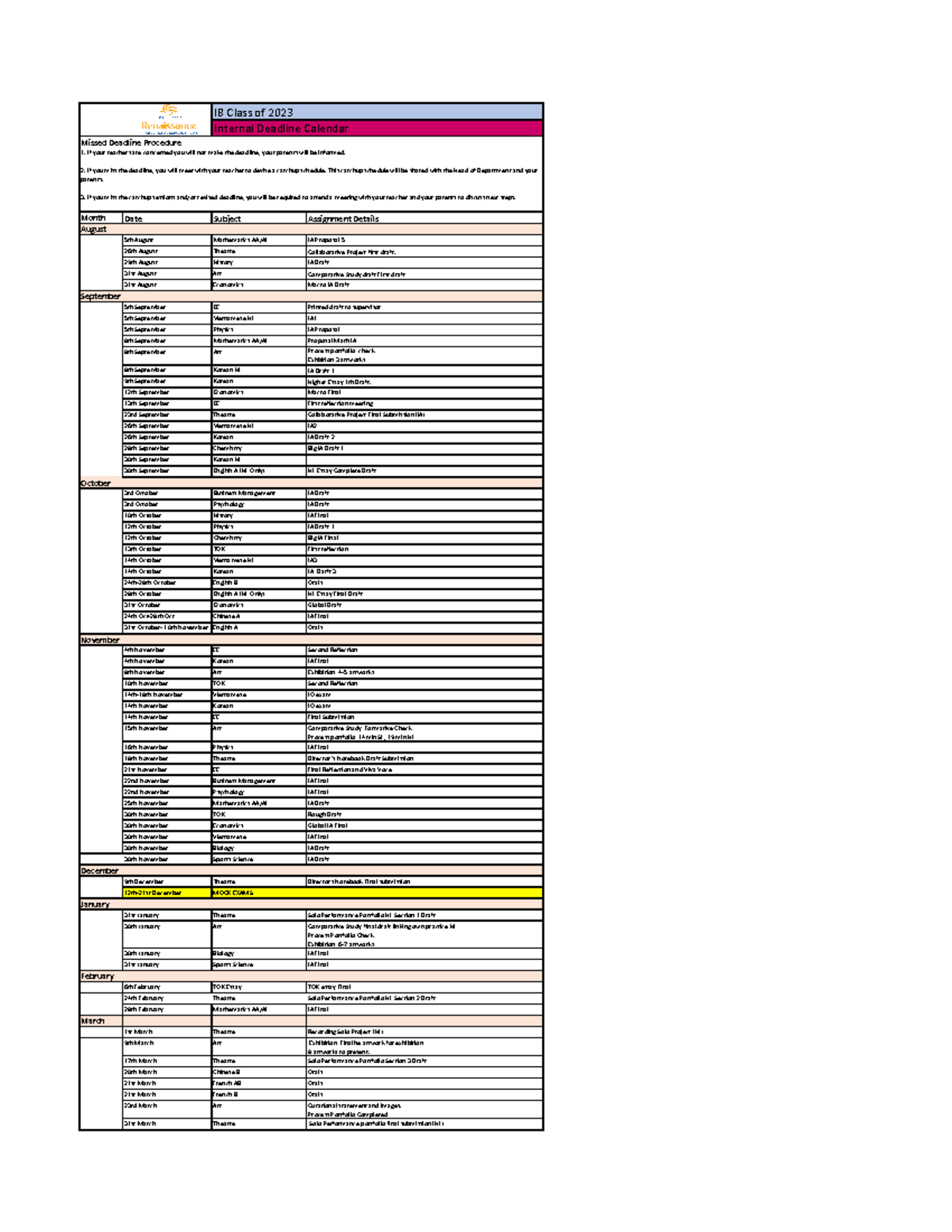 Year 13 Deadlines 2022-2023 - IB Class of 2023 Internal Deadline