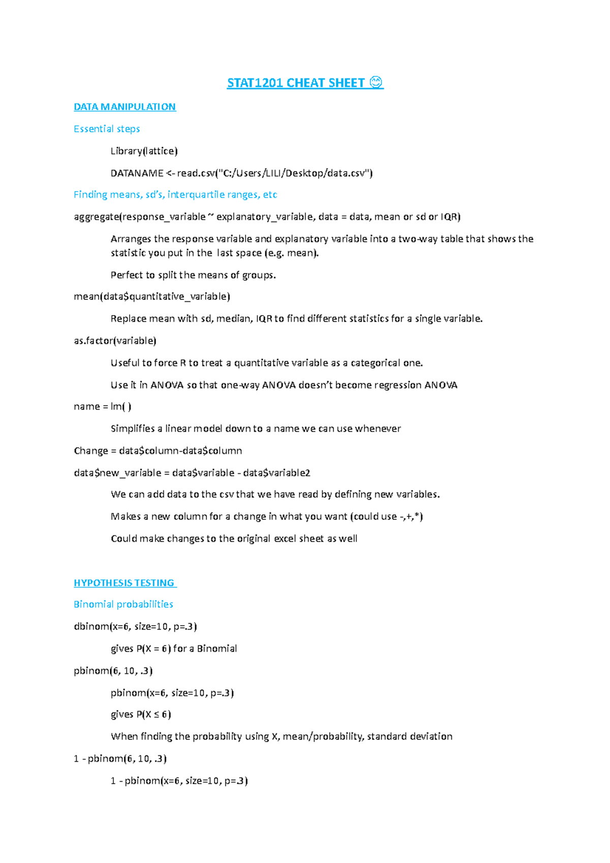 STAT1201 Cheat Sheet: Data Manipulation Hypothesis Testing ANOVA ...