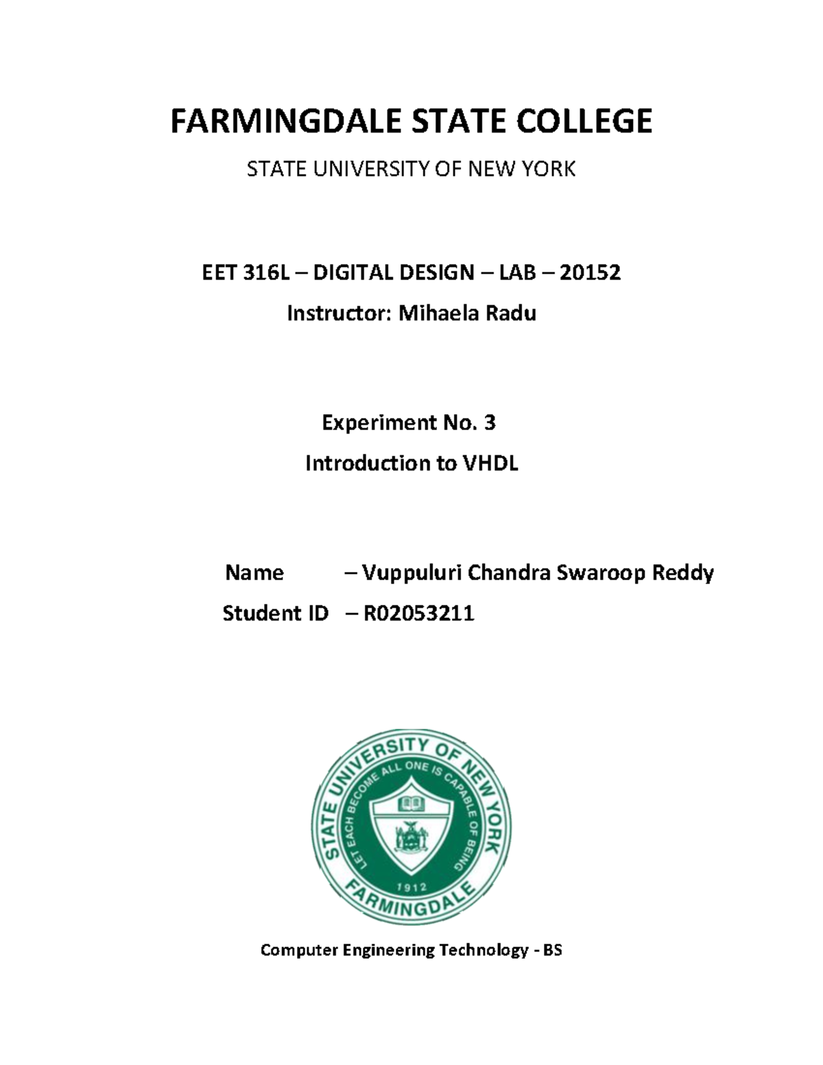 Lab report 3 Introduction to VHDL FARMINGDALE STATE COLLEGE STATE