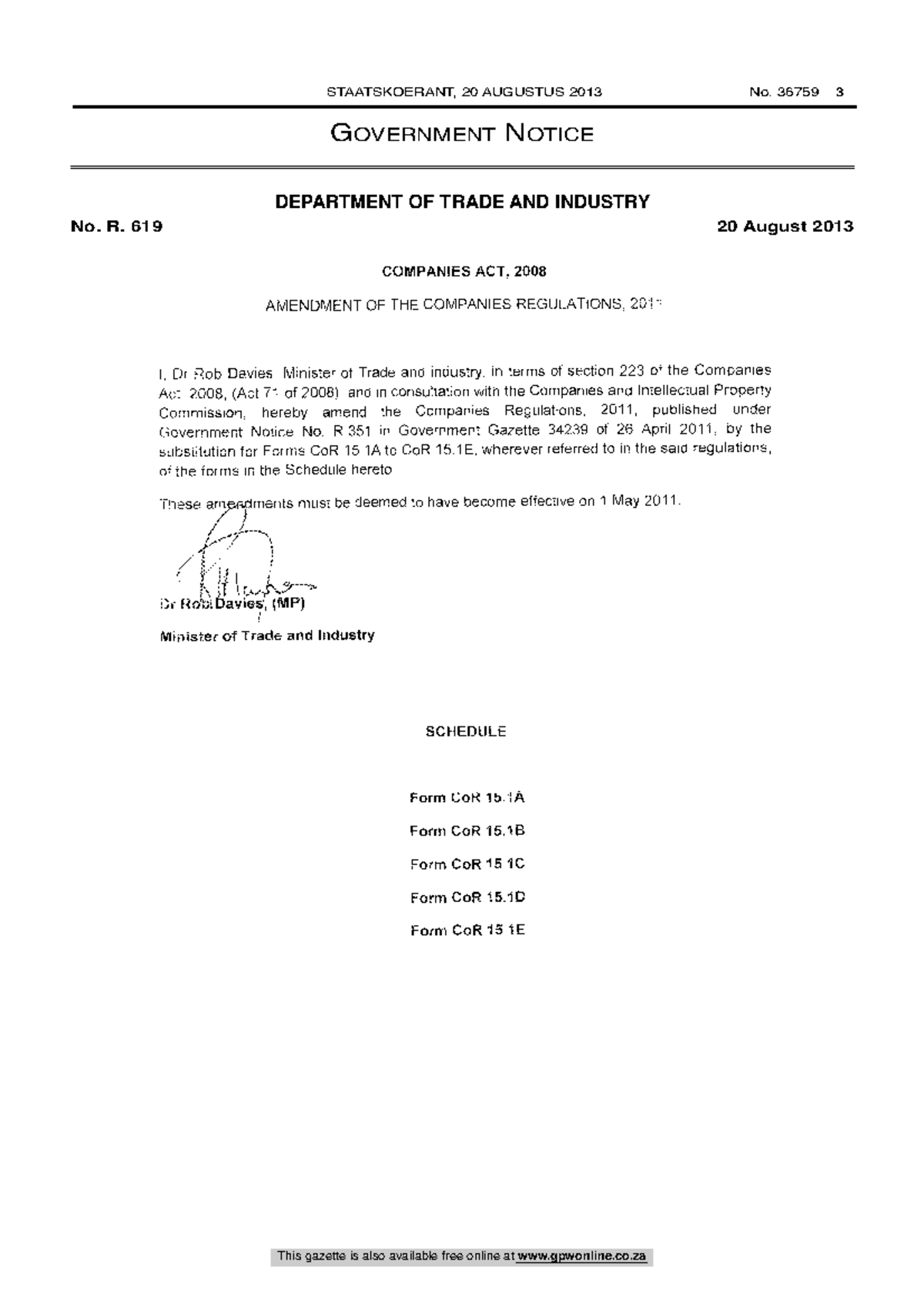 Amendment of Companies Act Regulations Business Law COMPANIES ACT