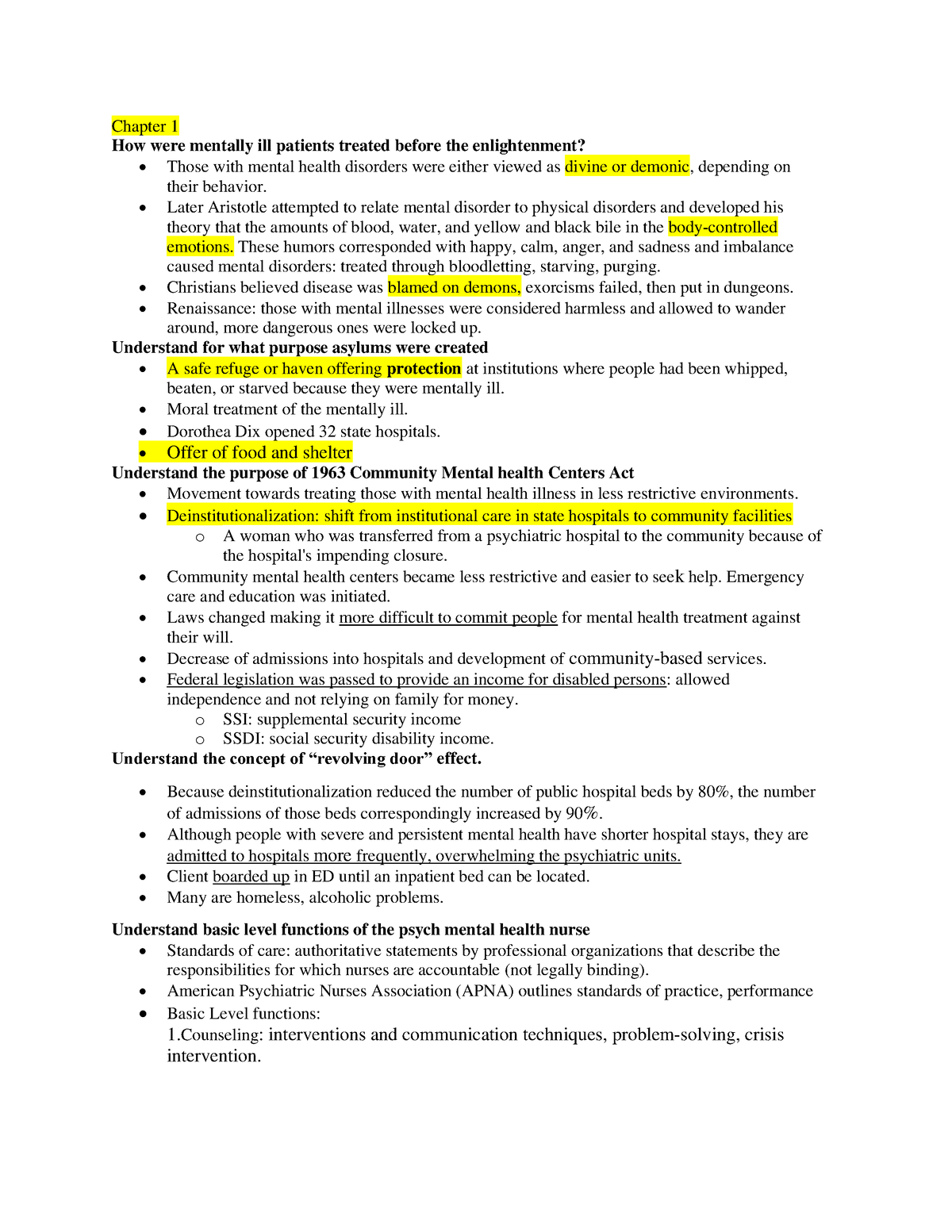 Psych- Exam 1 Study Guide - Chapter 1 How were mentally ill patients ...