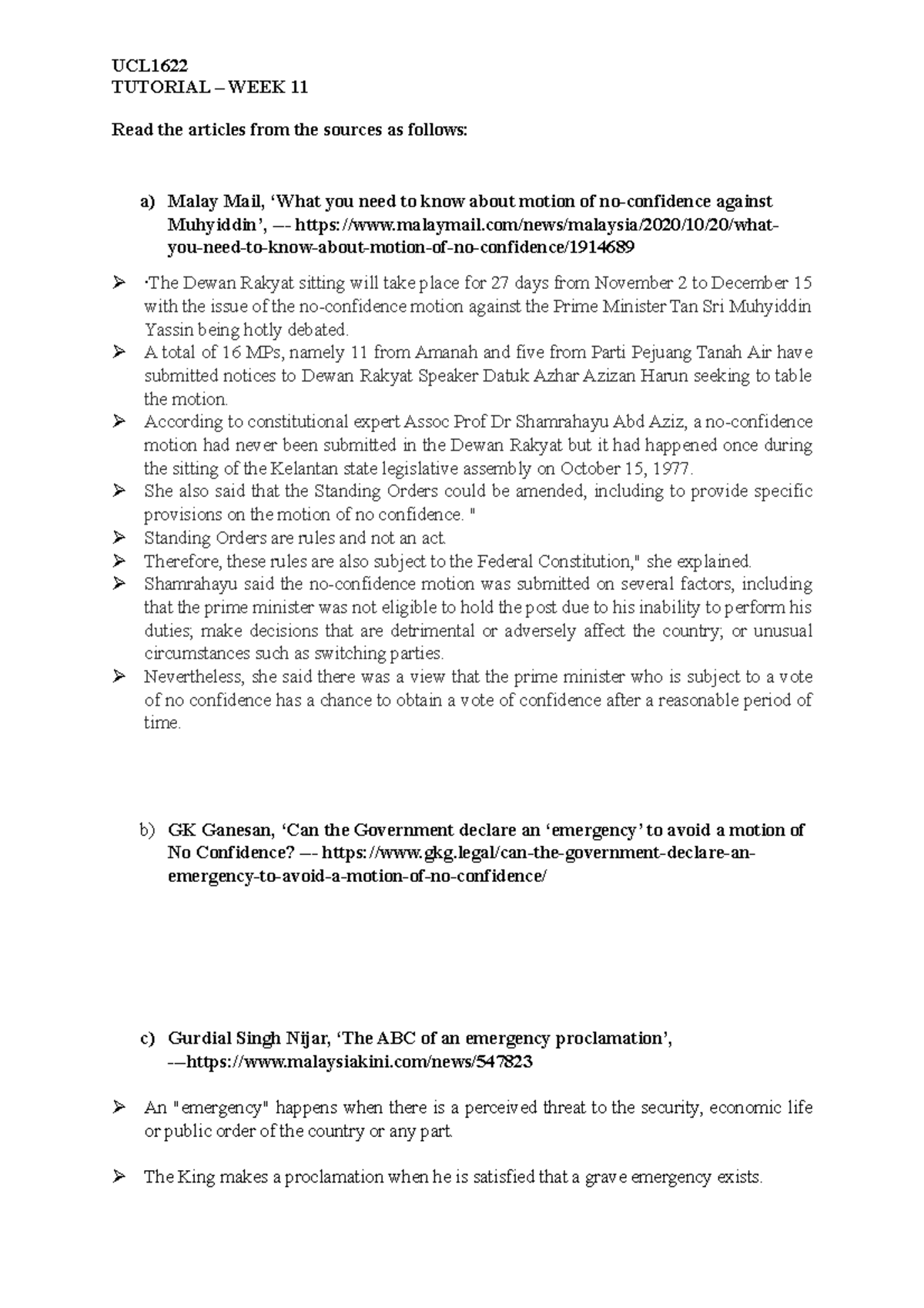 Article Summaries - UCL TUTORIAL – WEEK 11 Read the articles from the ...